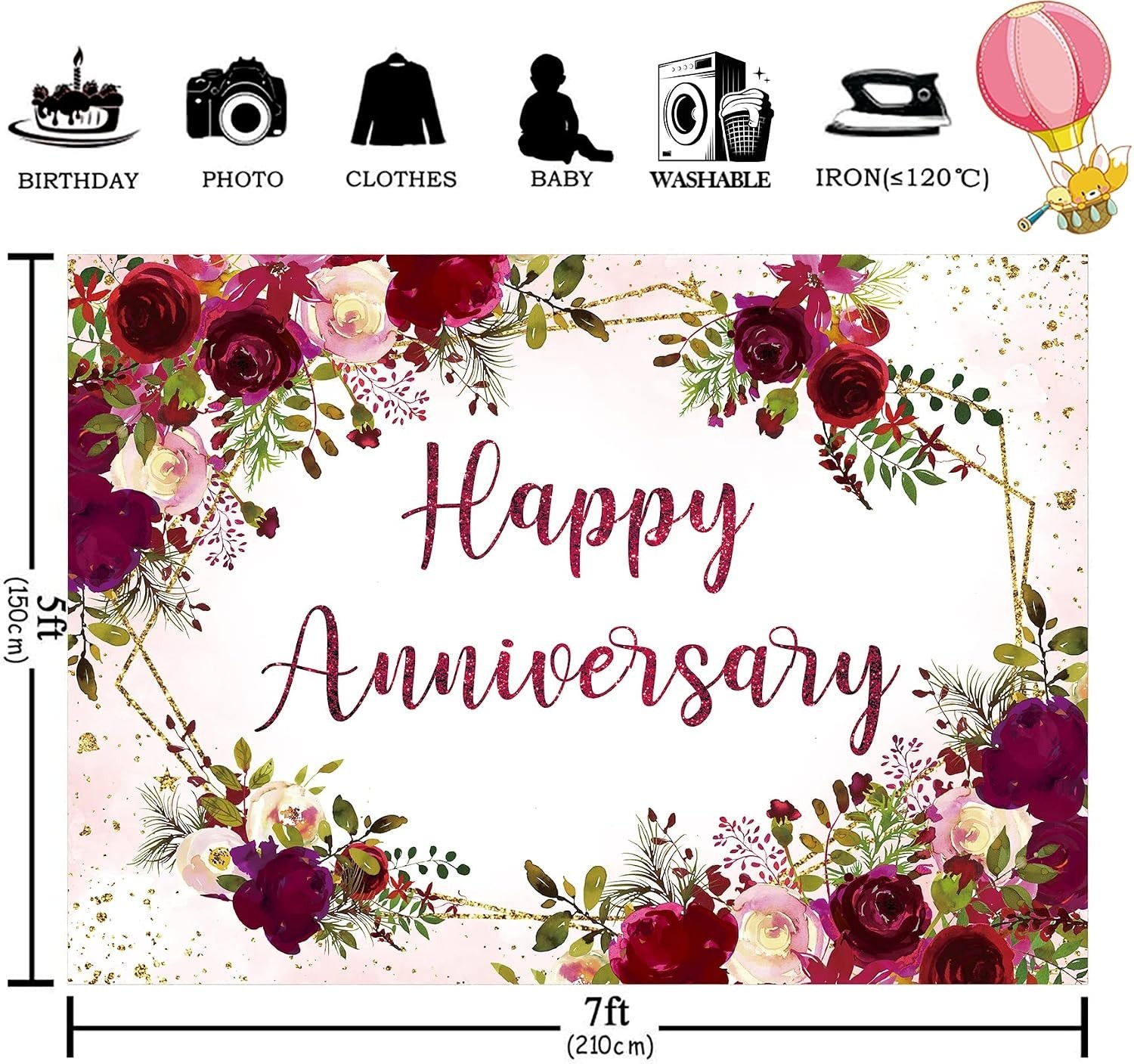 Happy Anniversary Backdrop 7Wx5H Feet Polyester Fabric Elegant Burgundy Flowe…