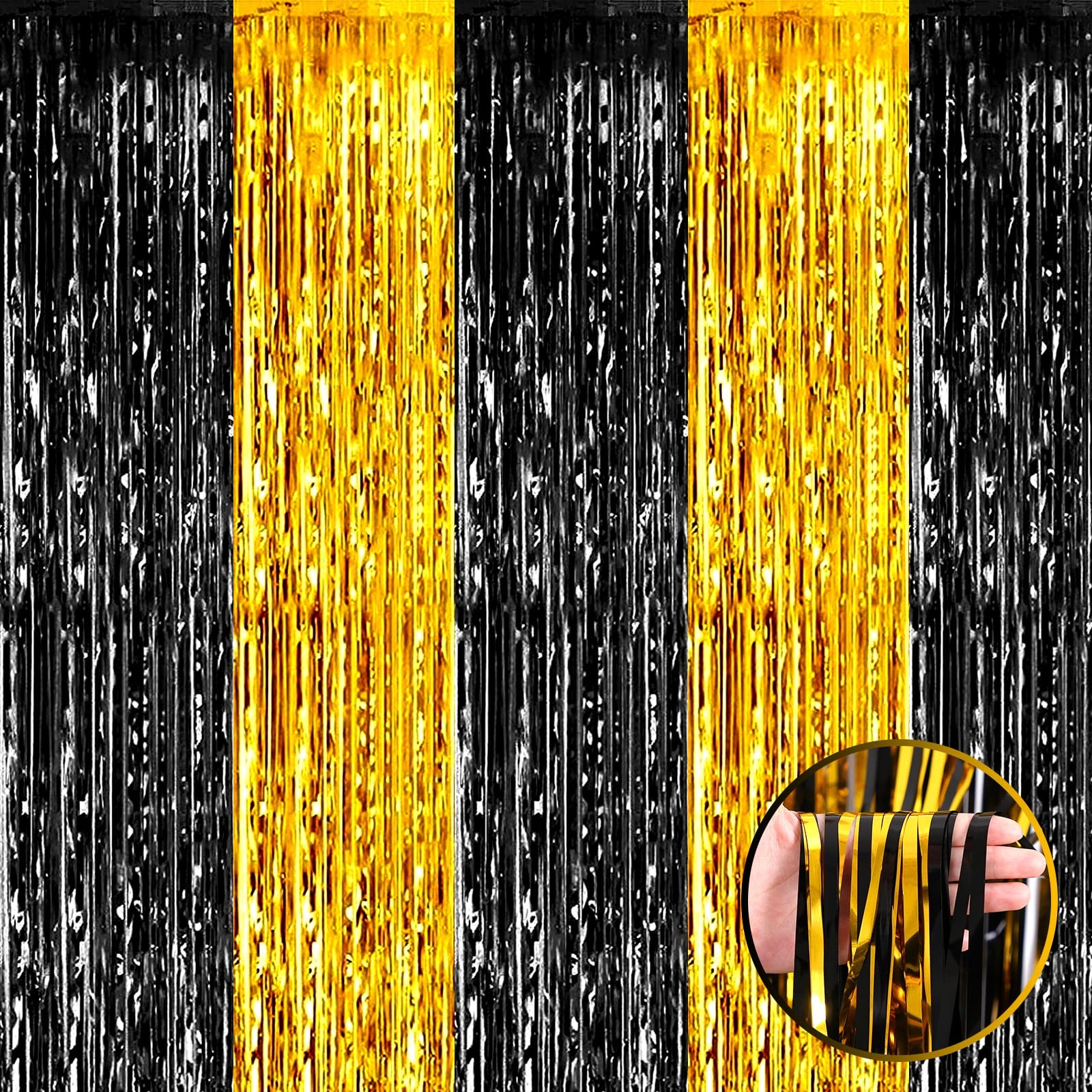 Foil Fringe Curtain Backdrop Metallic Tinsel Black Gold 3.28×9.8 Ft 4 PCS
