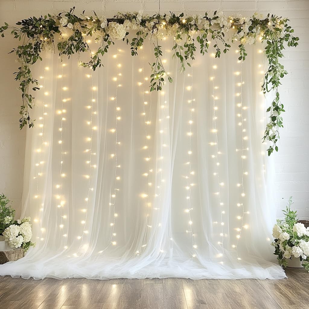 Tulle Backdrop Curtain W/ Lights String 10FT X 10FT Ivory Sheer Tulle Backdrop