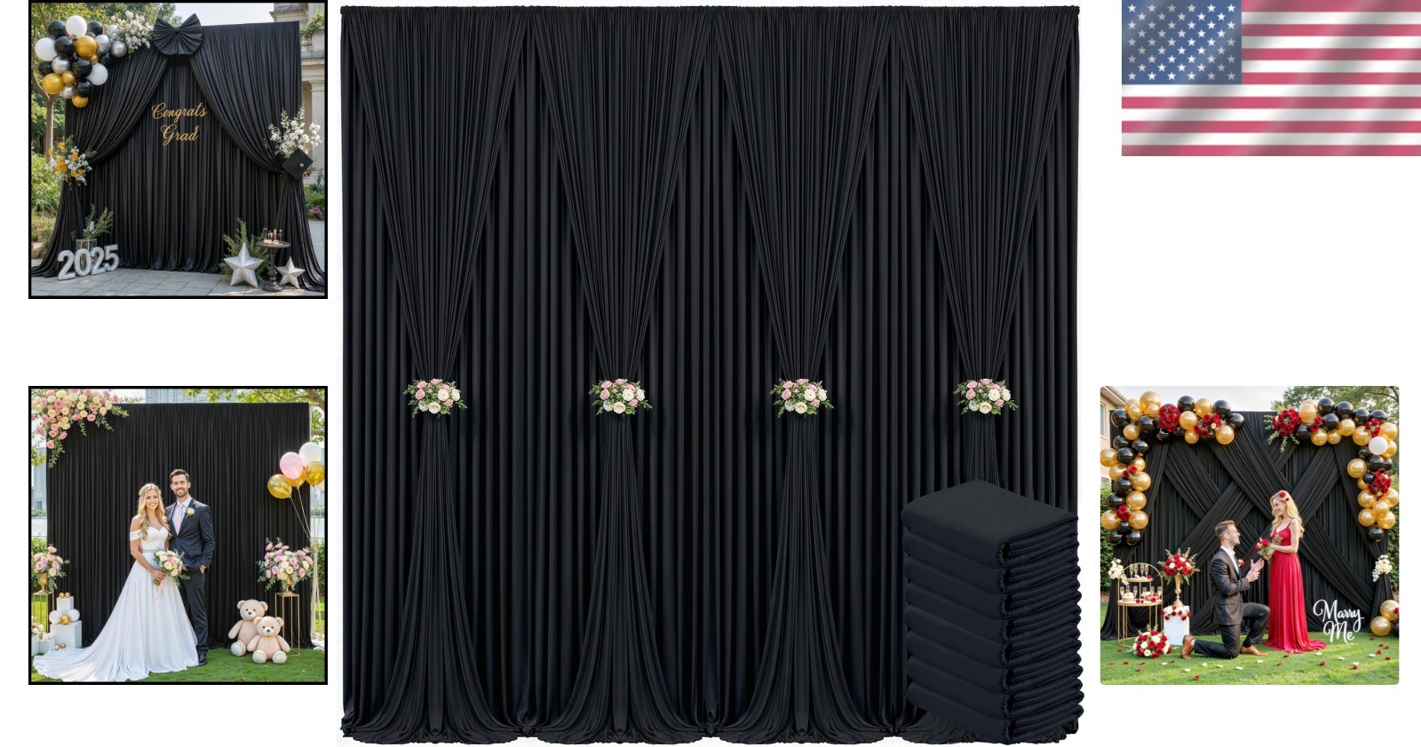 Wrinkle-Free Black Backdrop Drapes 8 Panels – Ideal for Weddings & Parties