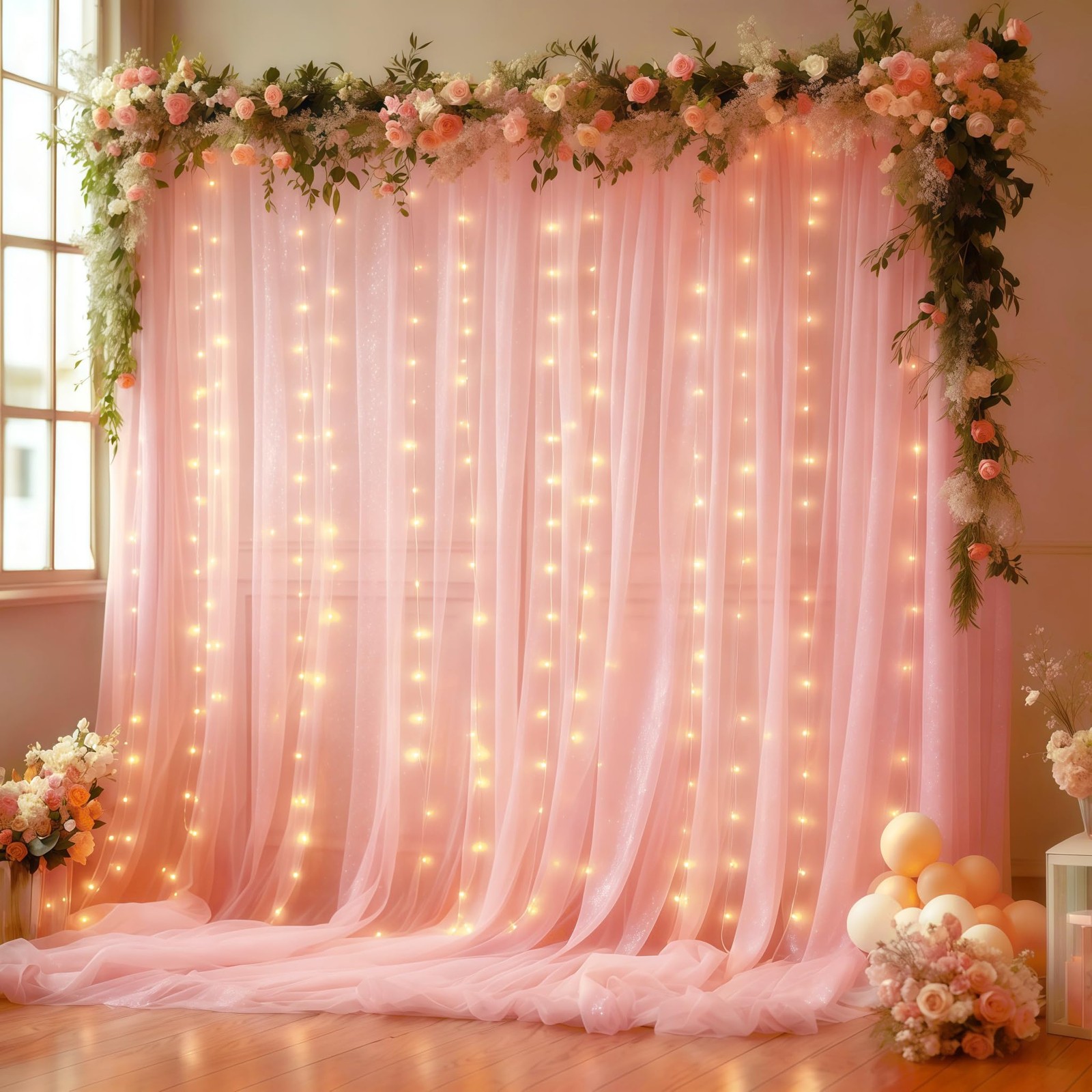 10x10FT Pink Wrinkle Free Backdrop Curtains Lights String Wedding Photo Prop