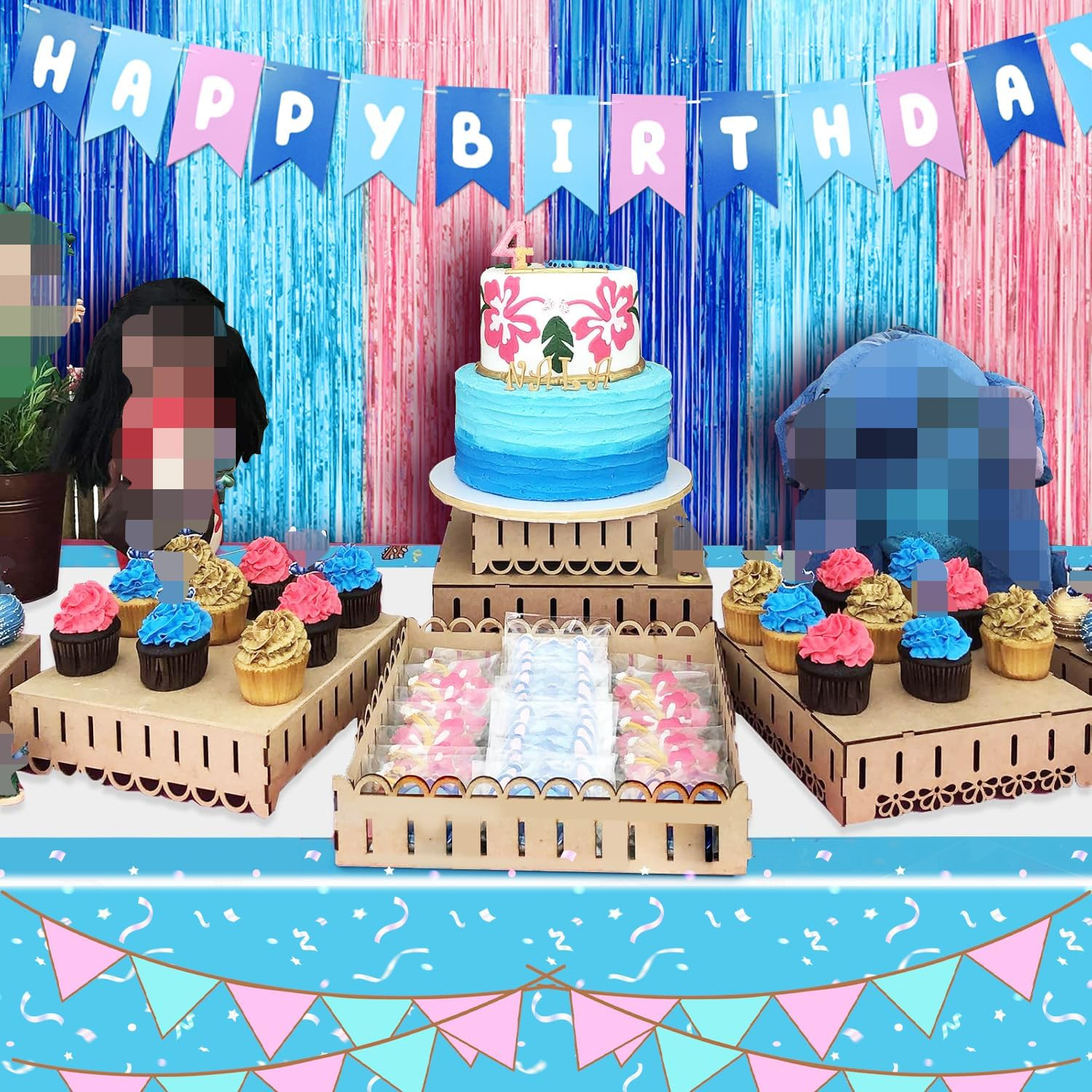 Cartoon Birthday Decorations, 2 Pack Luau Party Photo Booth Props, Blue Pink Fri