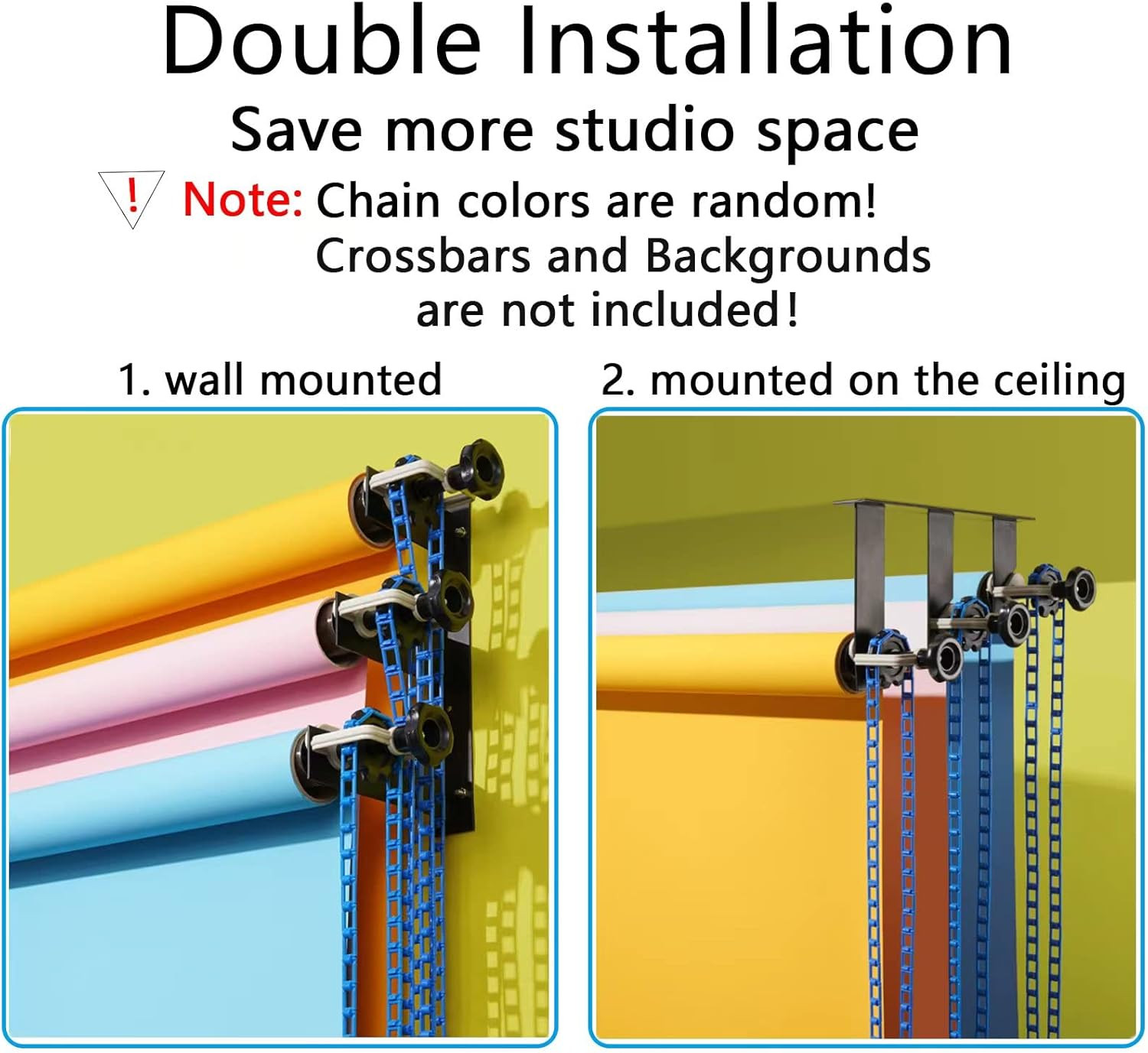 Photography Backdrop Wall Mount System with 3 Rollers for Studio & Streaming