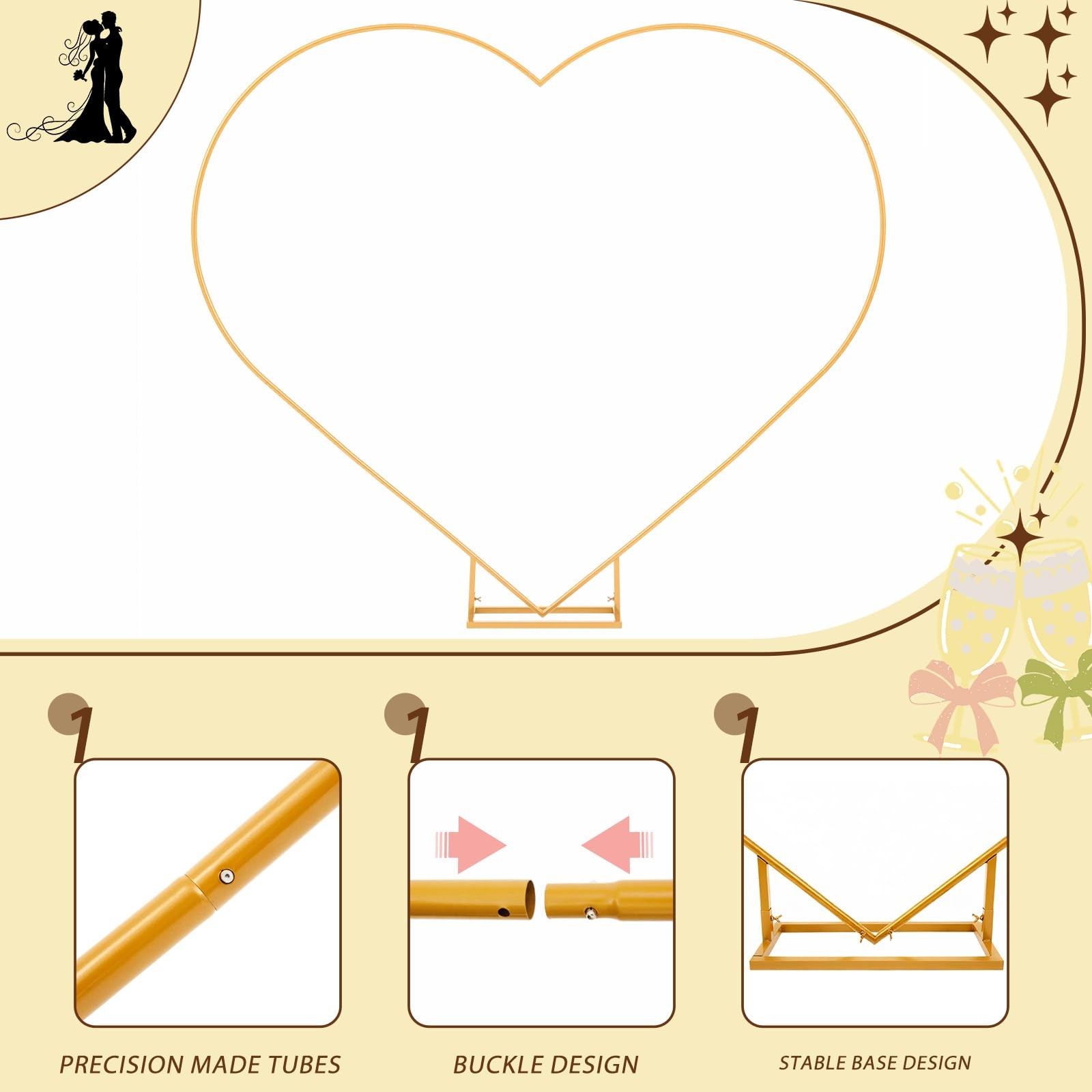 Gold 7ft Heart Arch Stand for Wedding, Metal Love Balloon Column Arch Frame w…