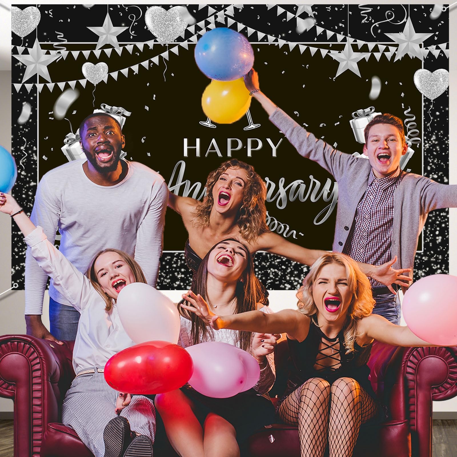 Happy Anniversary Backdrop Wedding Banner Poster Black, Silver