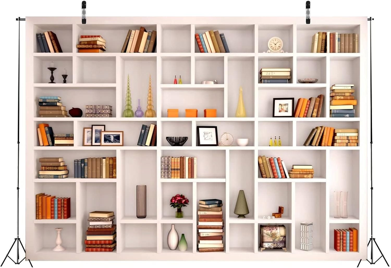 7x5ft Fabric White Bookshelf Backdrop Library Modern Office Bookcase Backdrop Ho