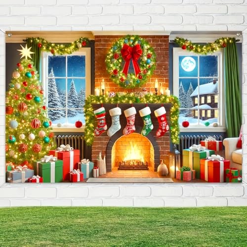 Christmas Fireplace Banner 71×43 Inch Indoor Holiday Decorations Tree – Tree