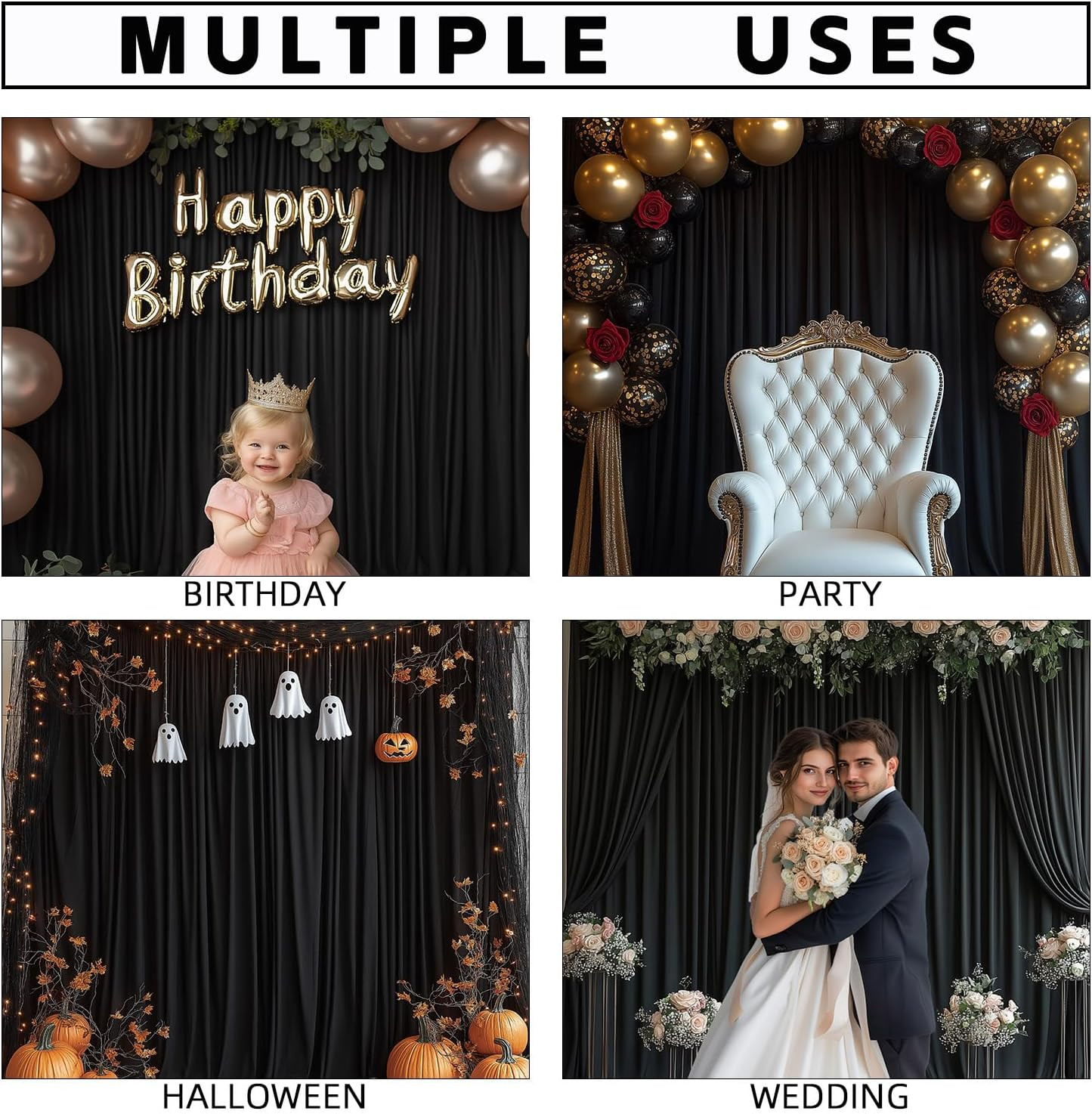 Black Backdrop Curtains for Events, 10x10Ft Wrinkle-Free Fabric Drape, 2 Panels