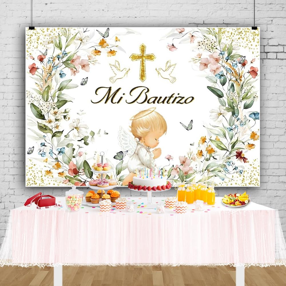Green God Bless Baptism Backdrop Pink Floral Gold Cross for First Communion