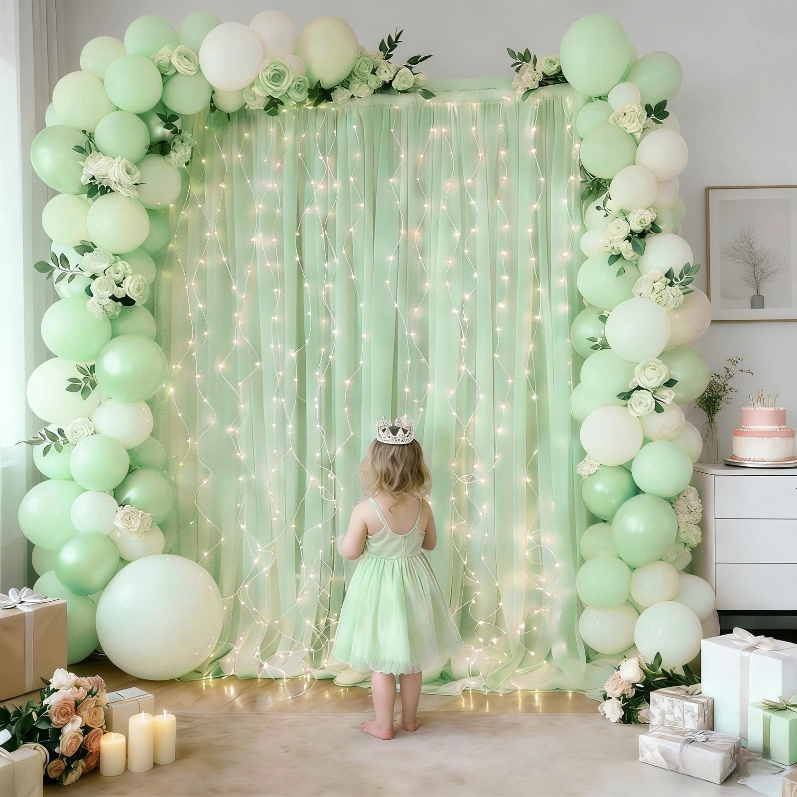 10×10ft Green Tulle Backdrop Curtain with Lights String for Parties, Sheer Ph…