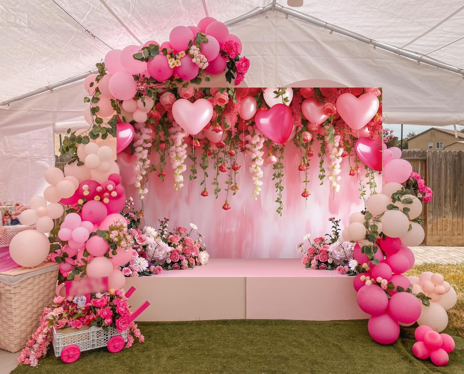 Flowers Wall Backdrop Pink Flowers Love Heart Balloons Romantic Photography B…