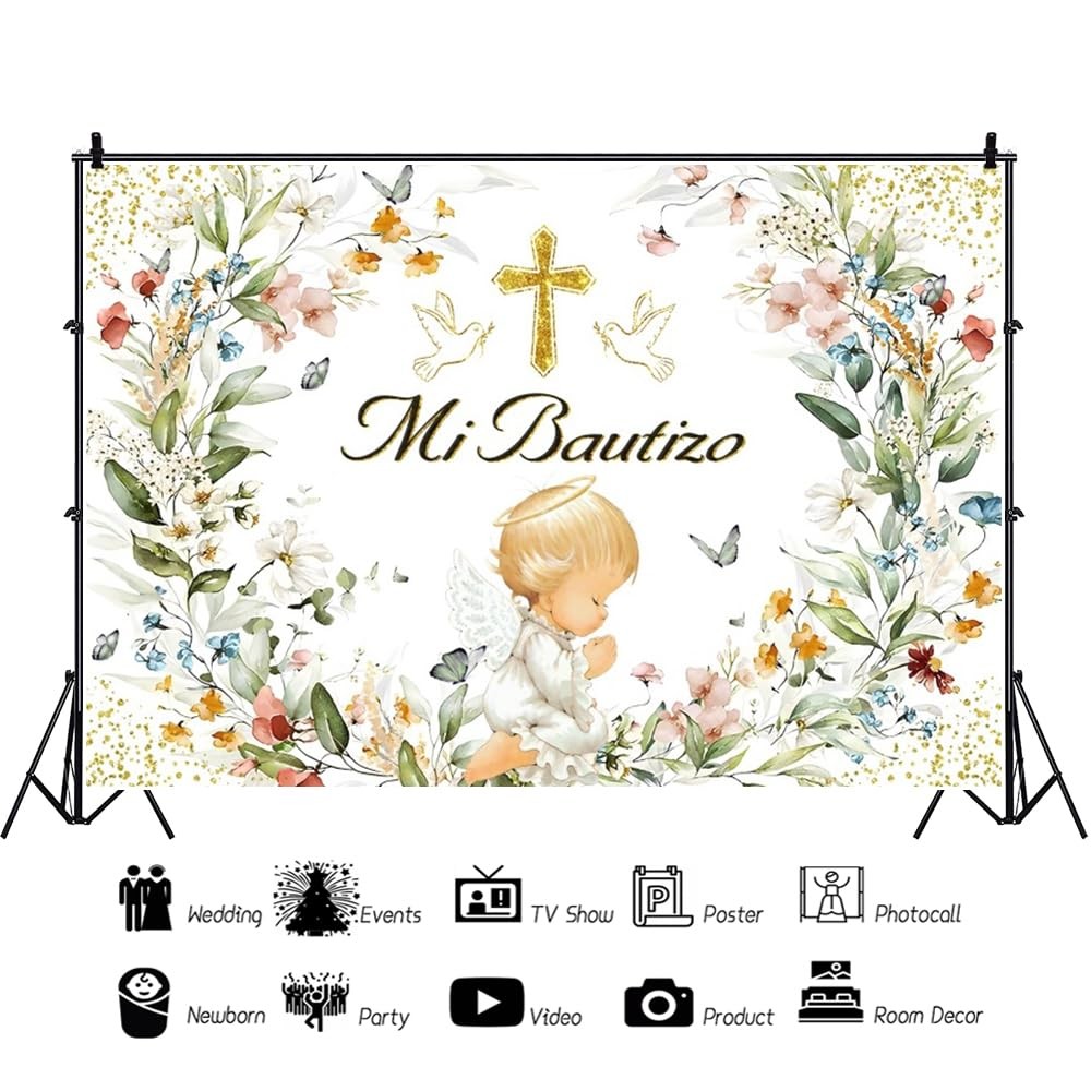 Green God Bless Baptism Backdrop Pink Floral Gold Cross for First Communion