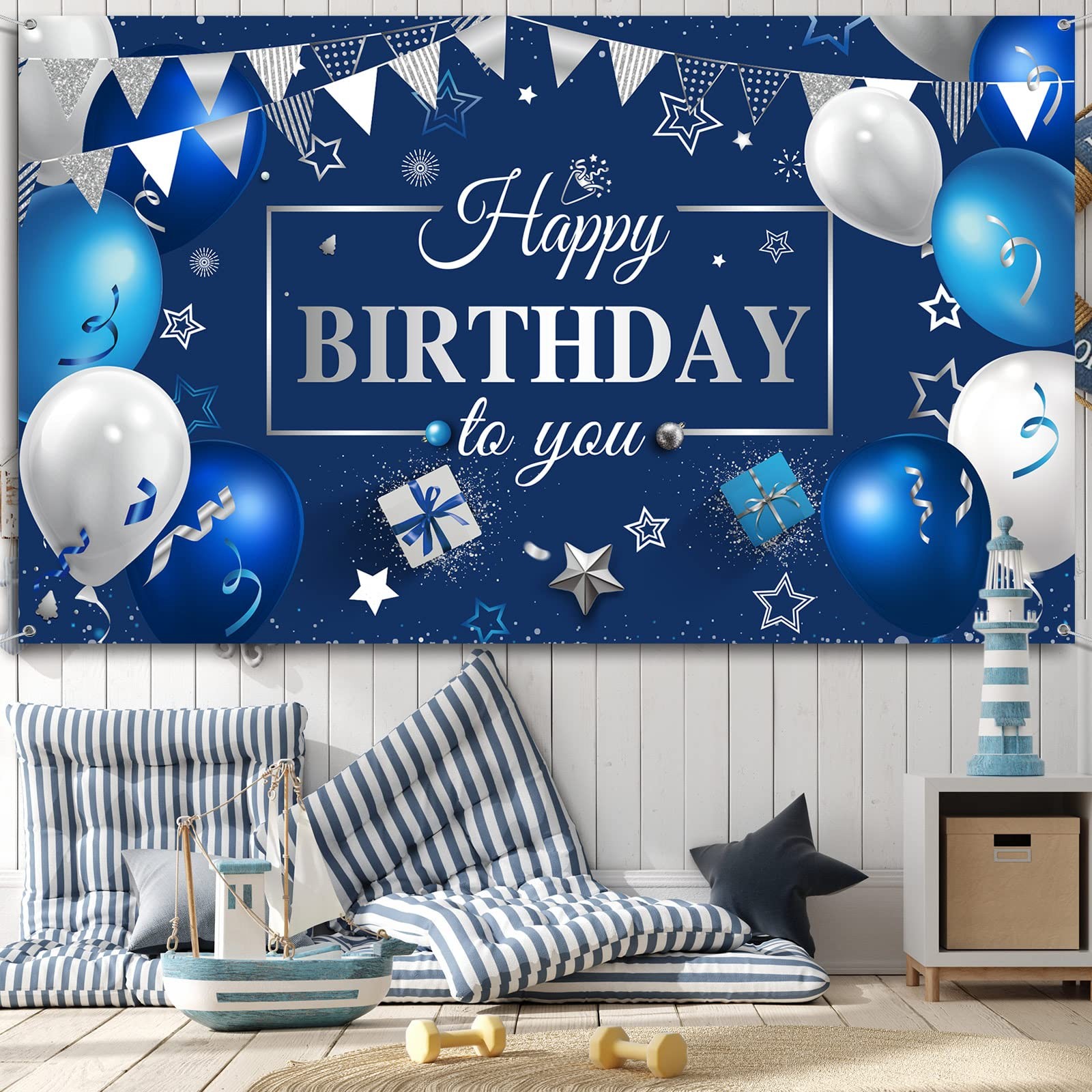 Sumind Happy Birthday Backdrop Banner for Men, Blue 7′ x 4′, Blue,Silver