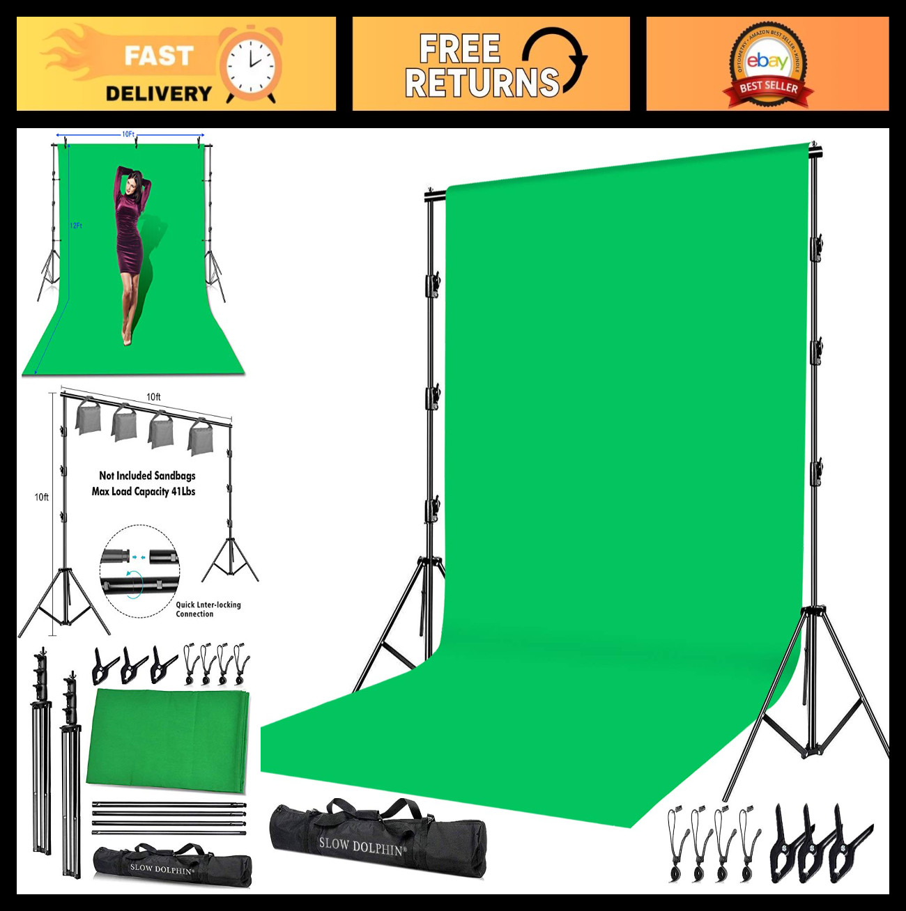 10x12ft Cotton Green Screen Backdrop Kit with Stand, Clamps & Carry Bag – Photog