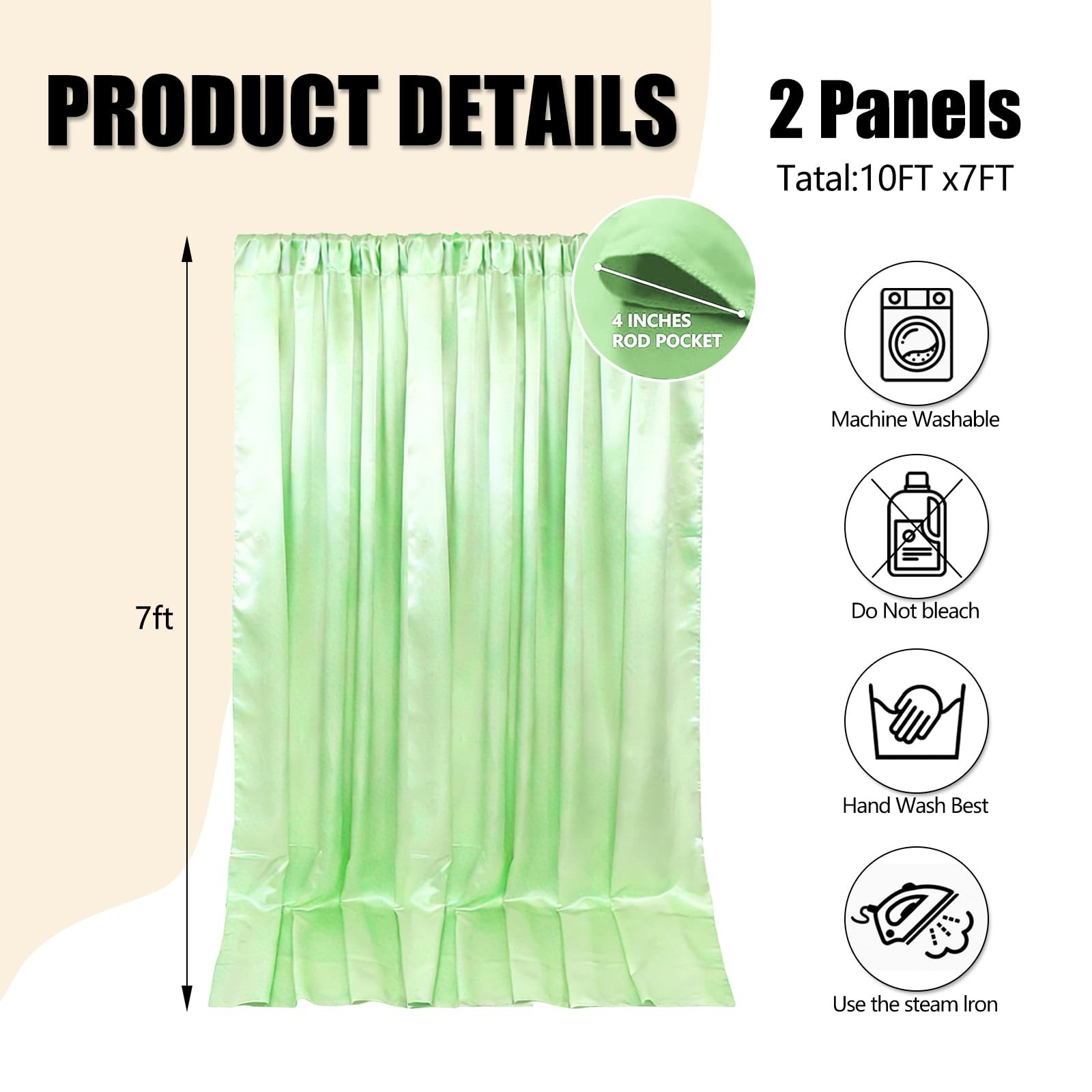 10×7 Ft Light Green Backdrop Curtains Fabric Satin Rod Pocket Party 2 Panels