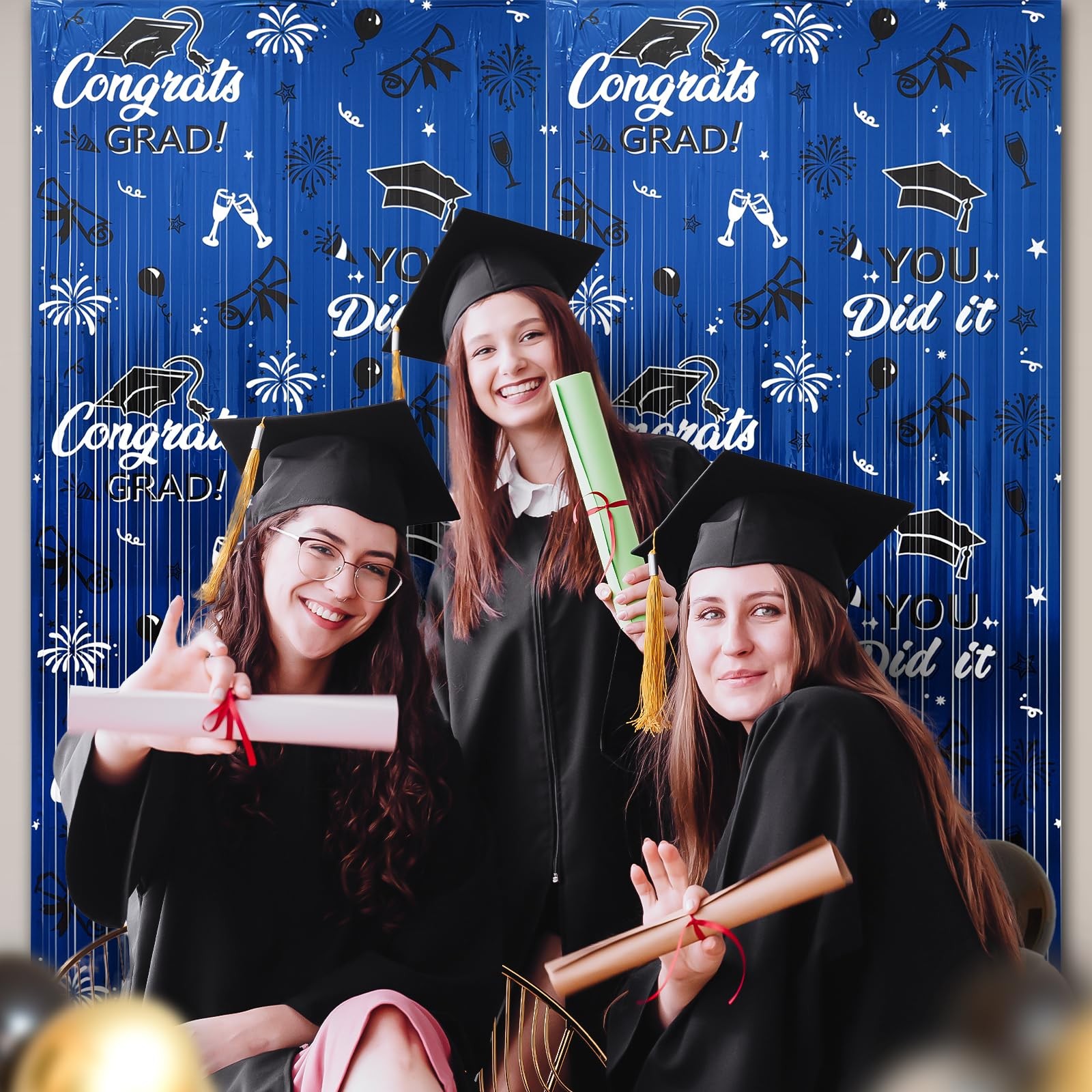 2025 Graduation Foil Fringe Curtains 2 Pack 3.2×6.5 ft Blue Black Graduation …