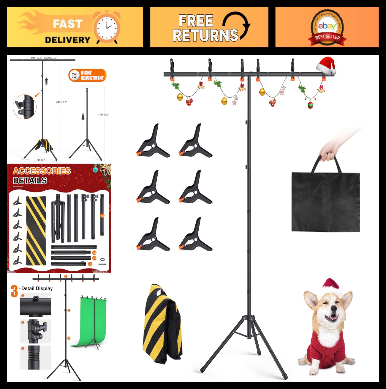 Adjustable Portable T-Shape Backdrop Stand Kit 8×5.3ft for Photography & Parties