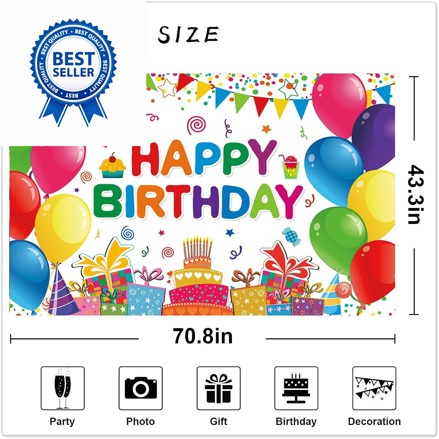 Happy Birthday Backdrop Banner- Colorful 6×3.6ft, Multicolor