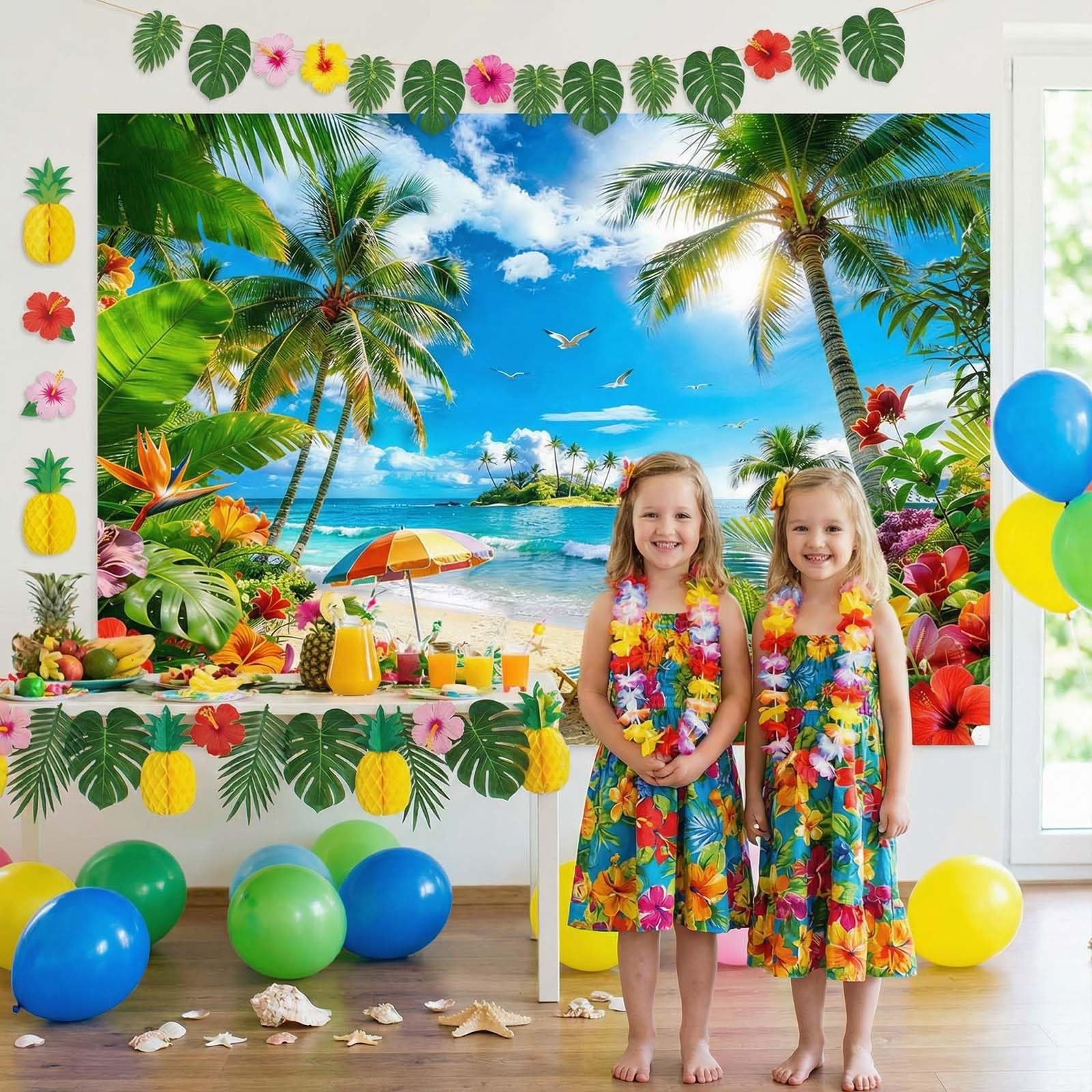 Summer Luau Beach Backdrop 7x5ft Tropical Hawaii Palm Leaves Photo Prop