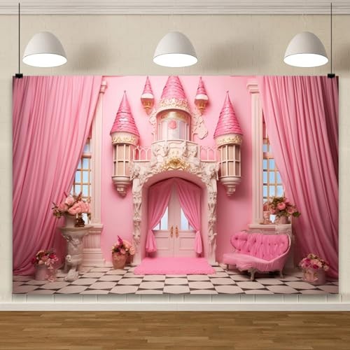 Pink Princess Castle Backdrop Sofa Flowers Vases Curtain Door 5x3ft Style 1