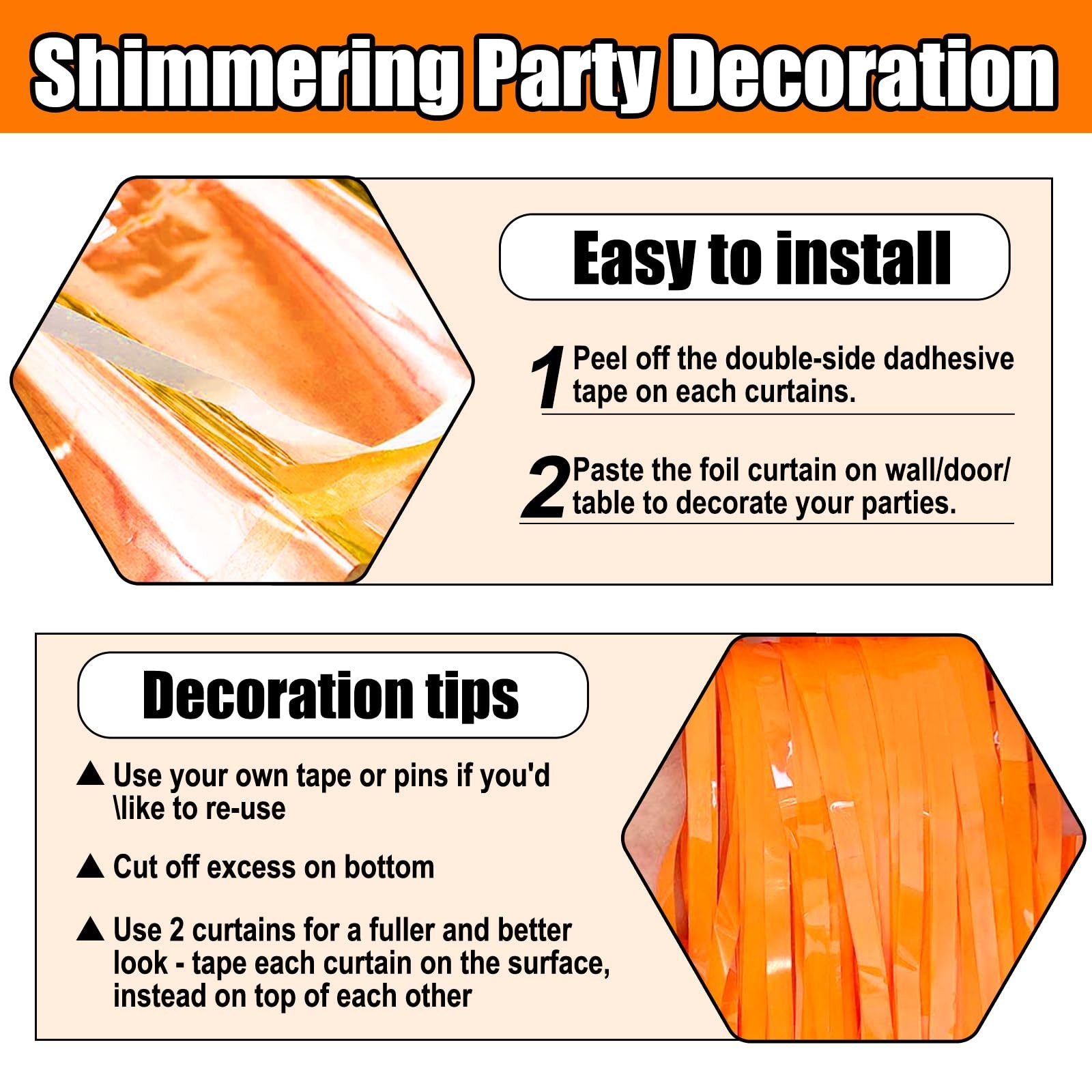 3 PCS Orange Foil Fringe Curtain Backdrop 3.28×6.6 Ft Metallic Tinsel Decor