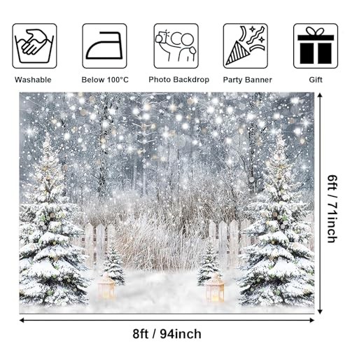 Snowy Forest Pine Tree 8×6 ft Winter Photography Backdrop with Glitter