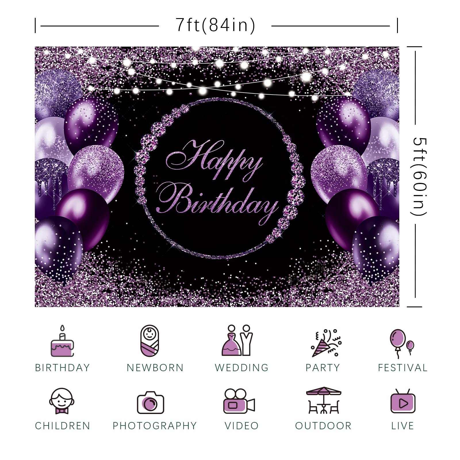 7x5Ft Purple Black Silver Happy Birthday Party Backdrop Photography Background