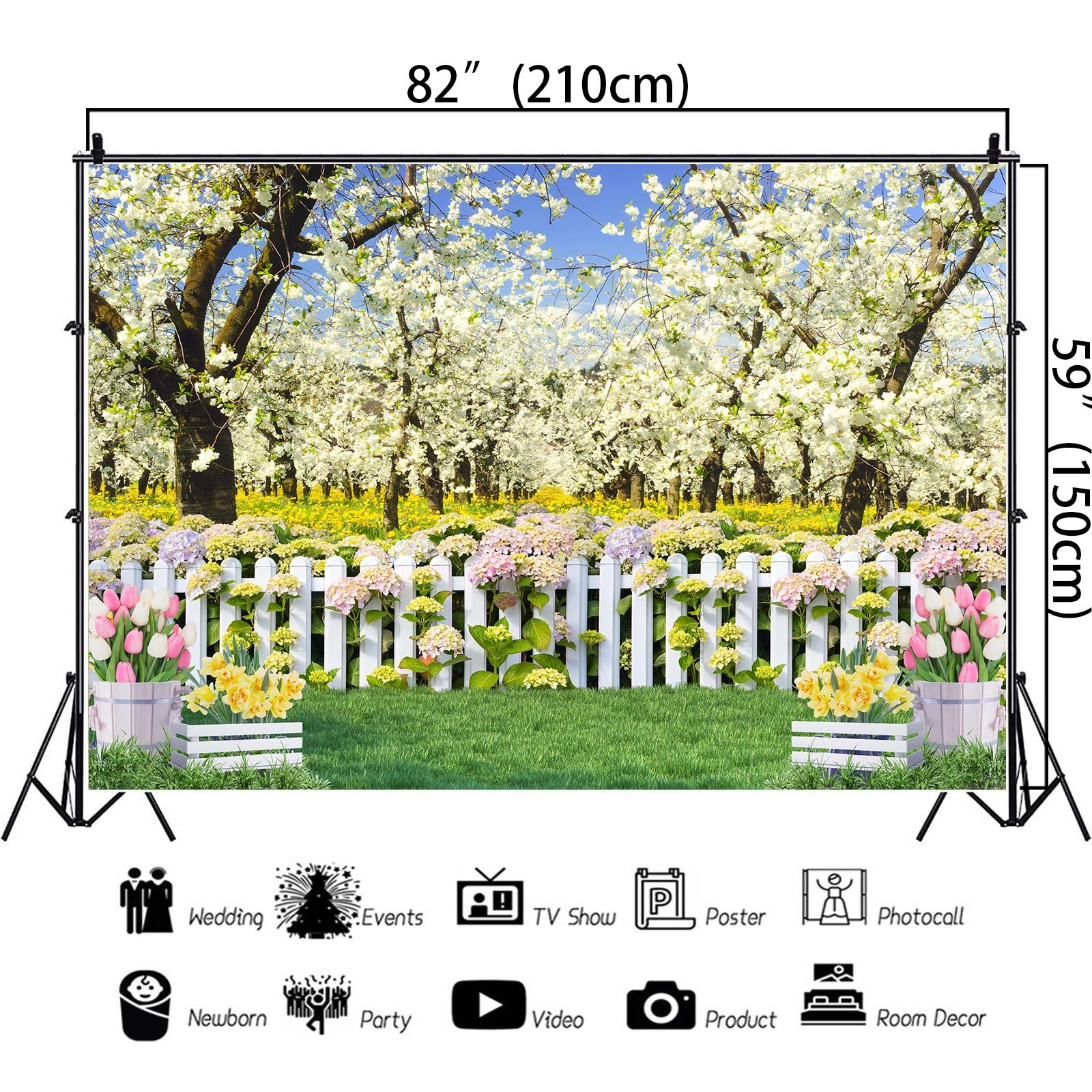 Spring Backdrop Banner 7x5Ft White Yellow Flower Floral 7x5Ft, white