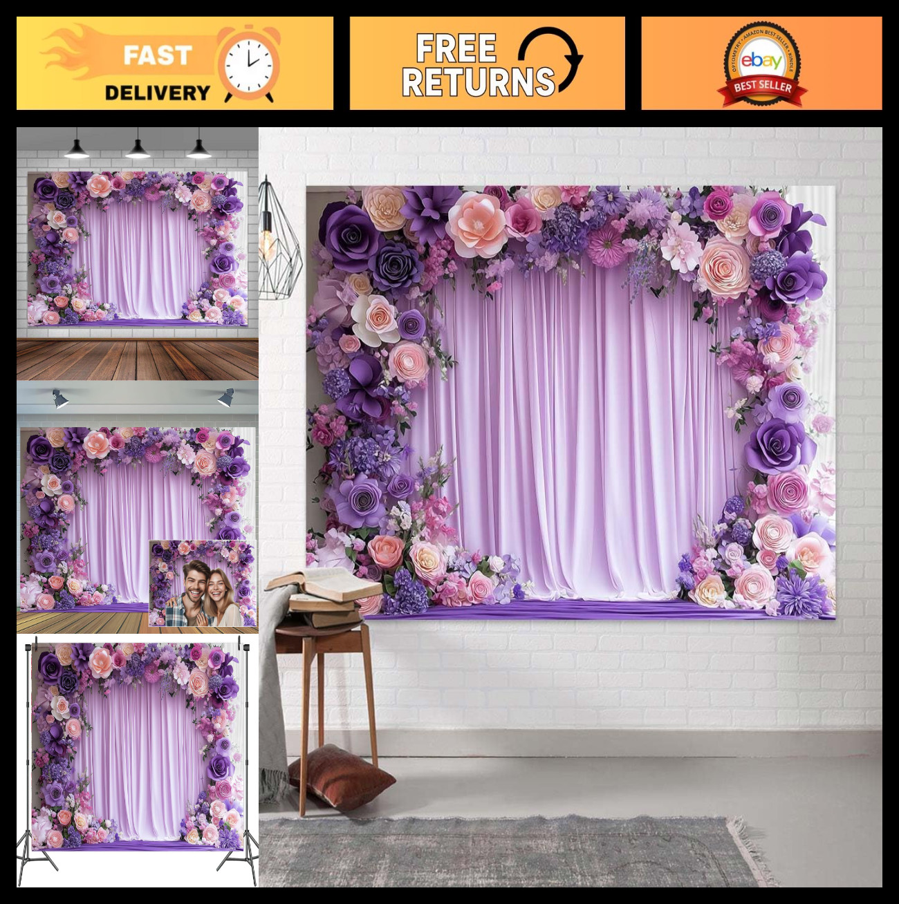 7x7ft Purple Floral Photography Backdrop – Lavender Flower Wall for Weddings, Pa