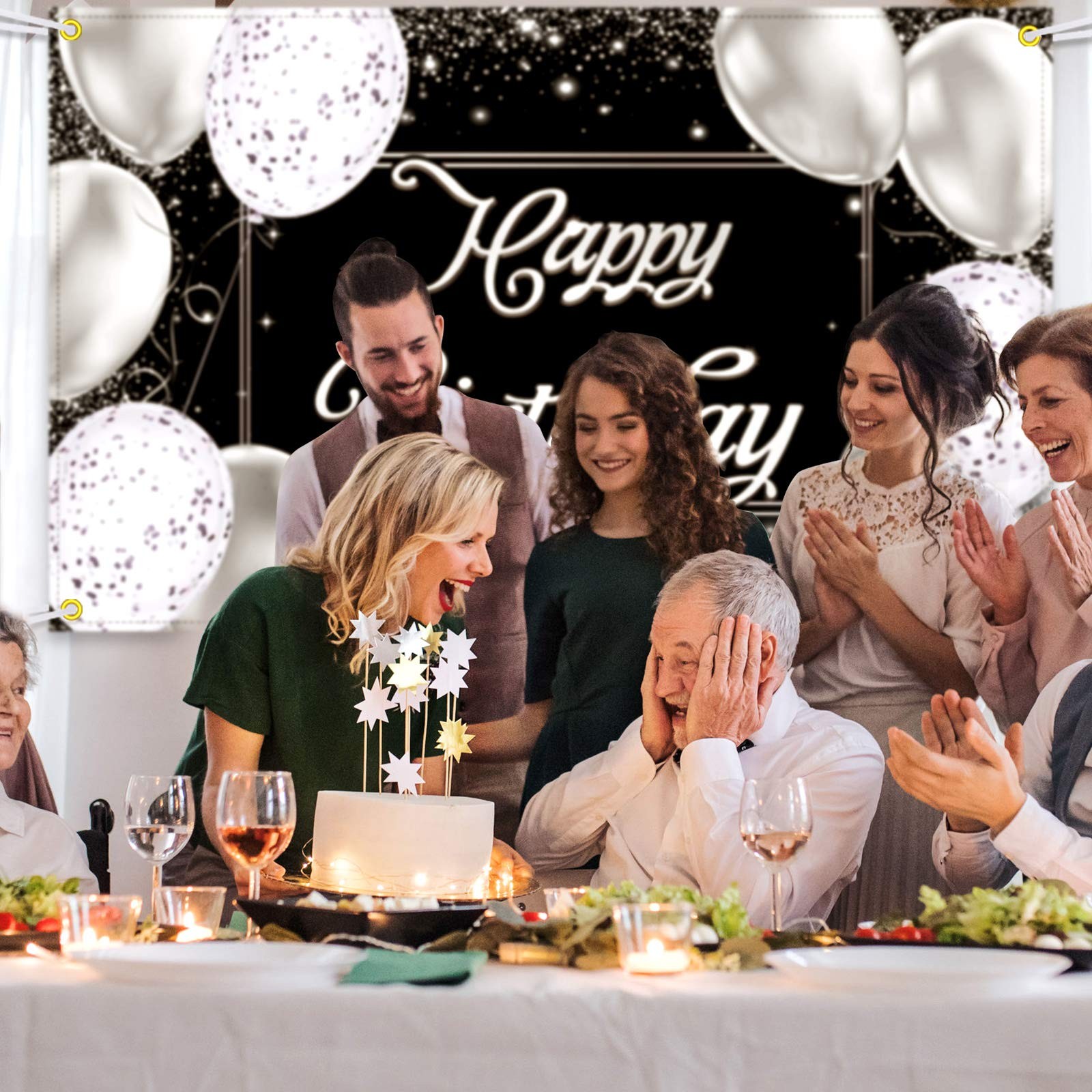 Silver Black Birthday Party Backdrop Silver Black Happy Birthday Banner Silver