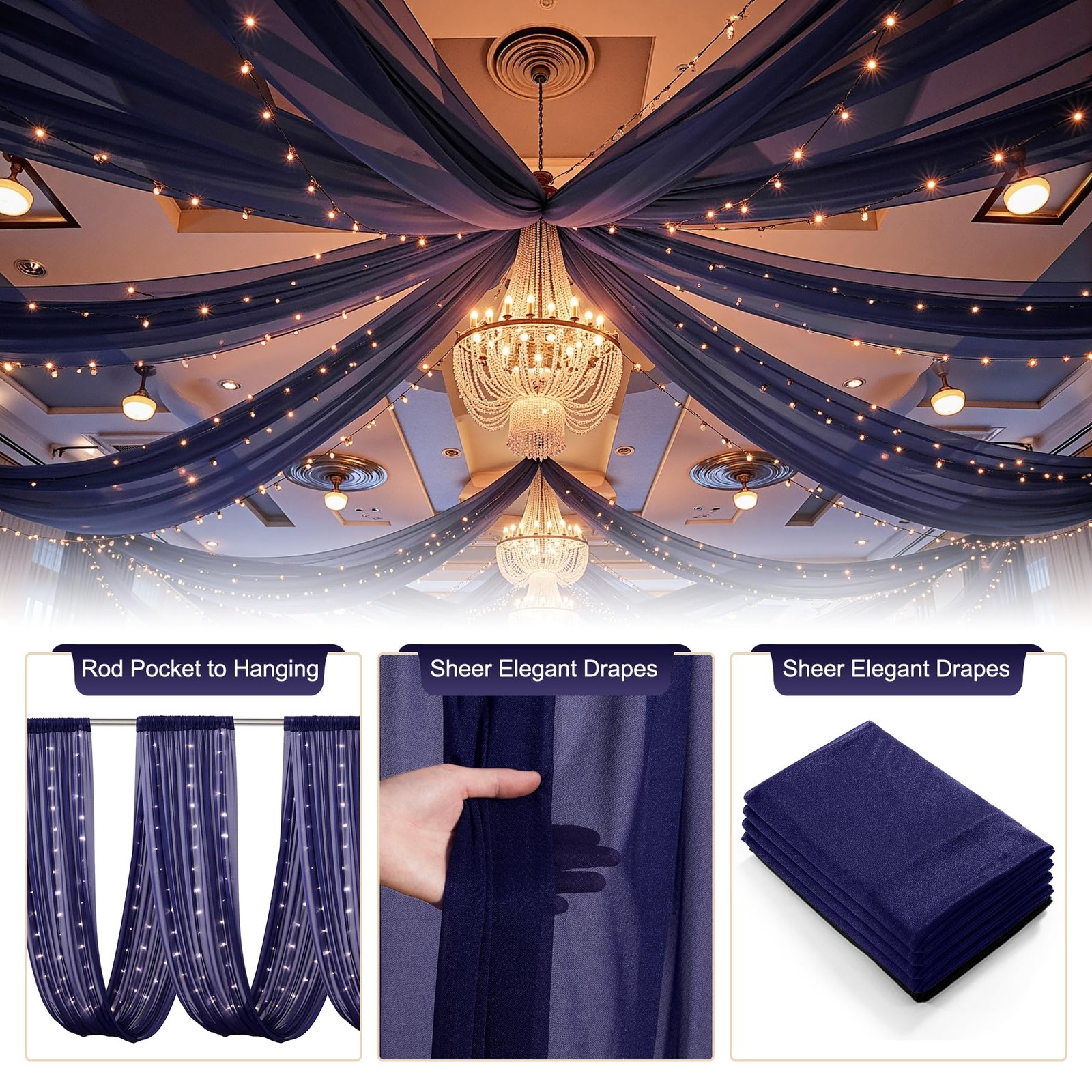 Navy Blue 60″W x 360″L (Pack of 6), Ceiling Drapes + Lights String