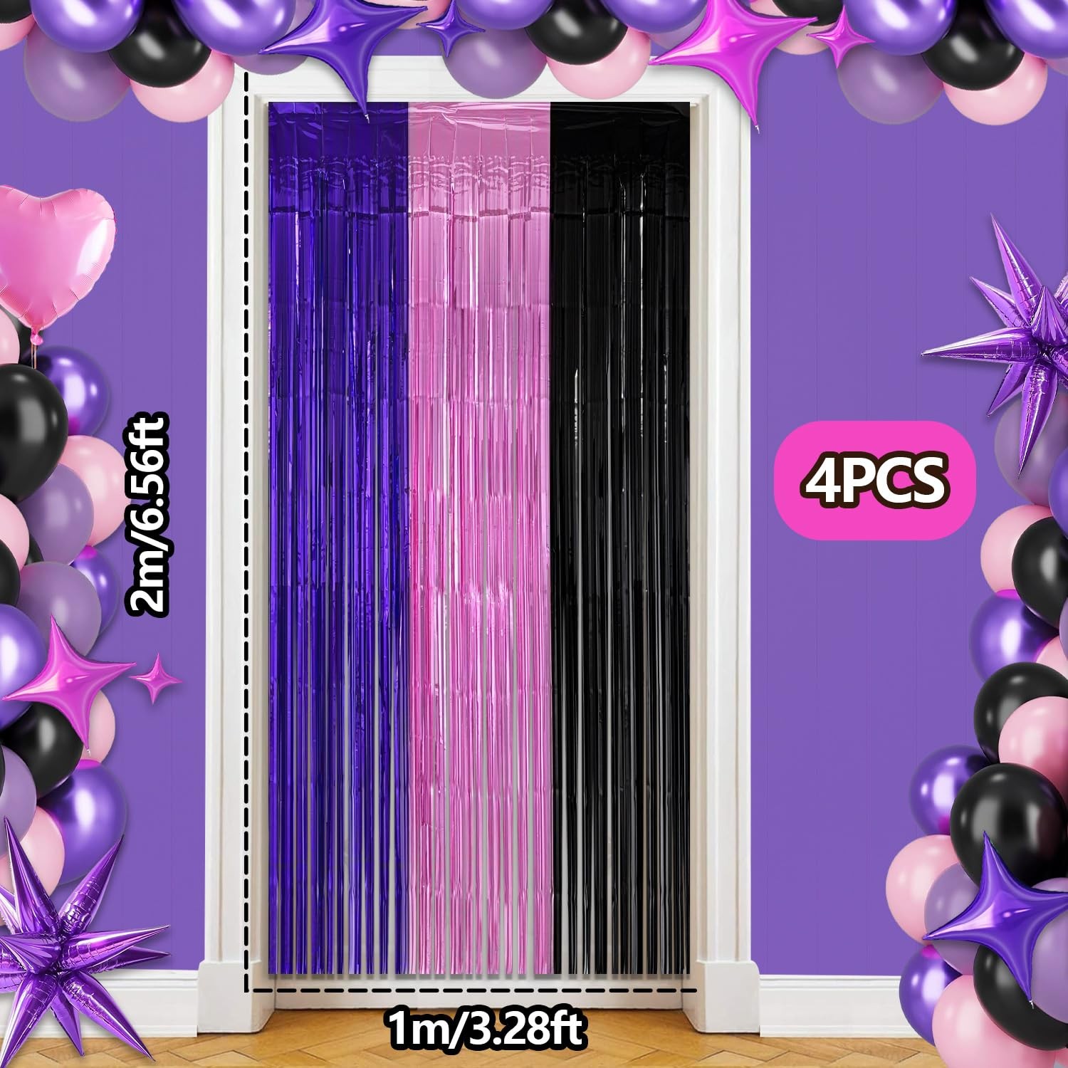 Pink Purple Black Foil Fringe Curtains Birthday Decorations, 2 Pack 3.2×6.6ft…