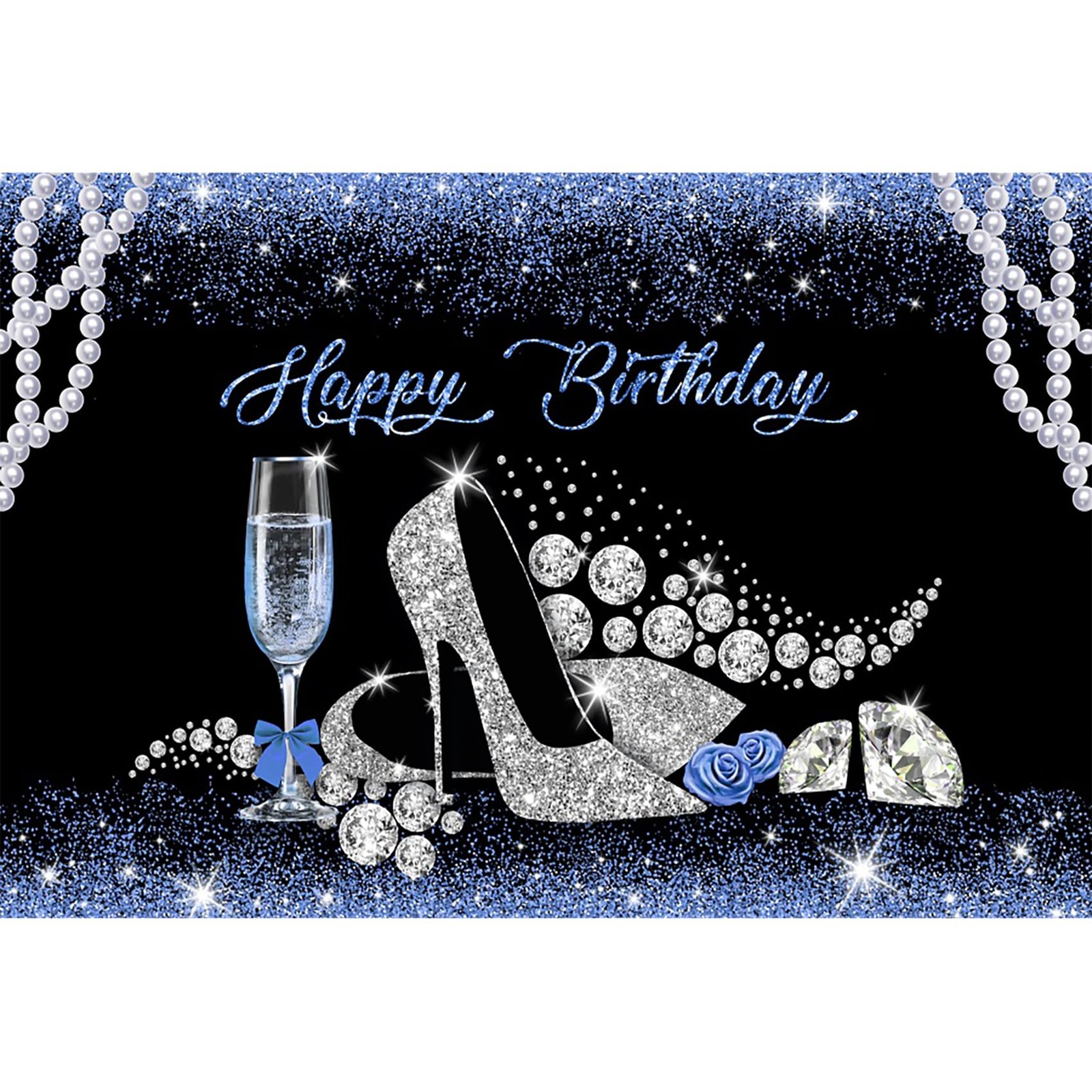 Blue Glitter Pearl Diamond High Heels Happy Birthday Backdrop 10×6.5ft Mat