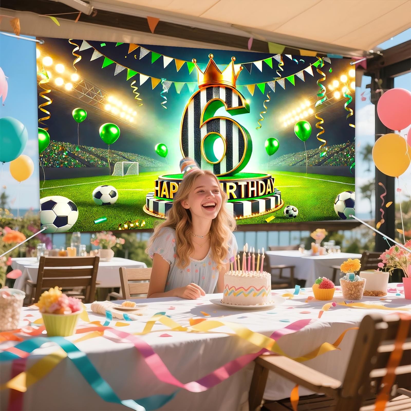 Soccer 6th Birthday Backdrop Banner 71×43 Inch Black White Green Crown Footba…