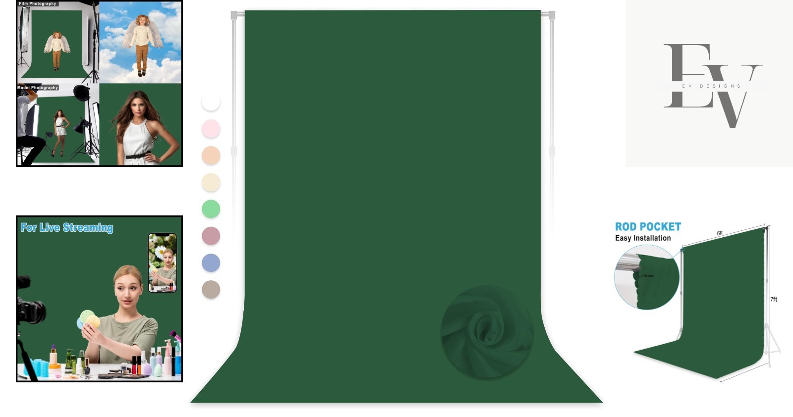 Elegant 5×7 FT Dark Green Backdrop for Professional Photoshoots & Live Streams