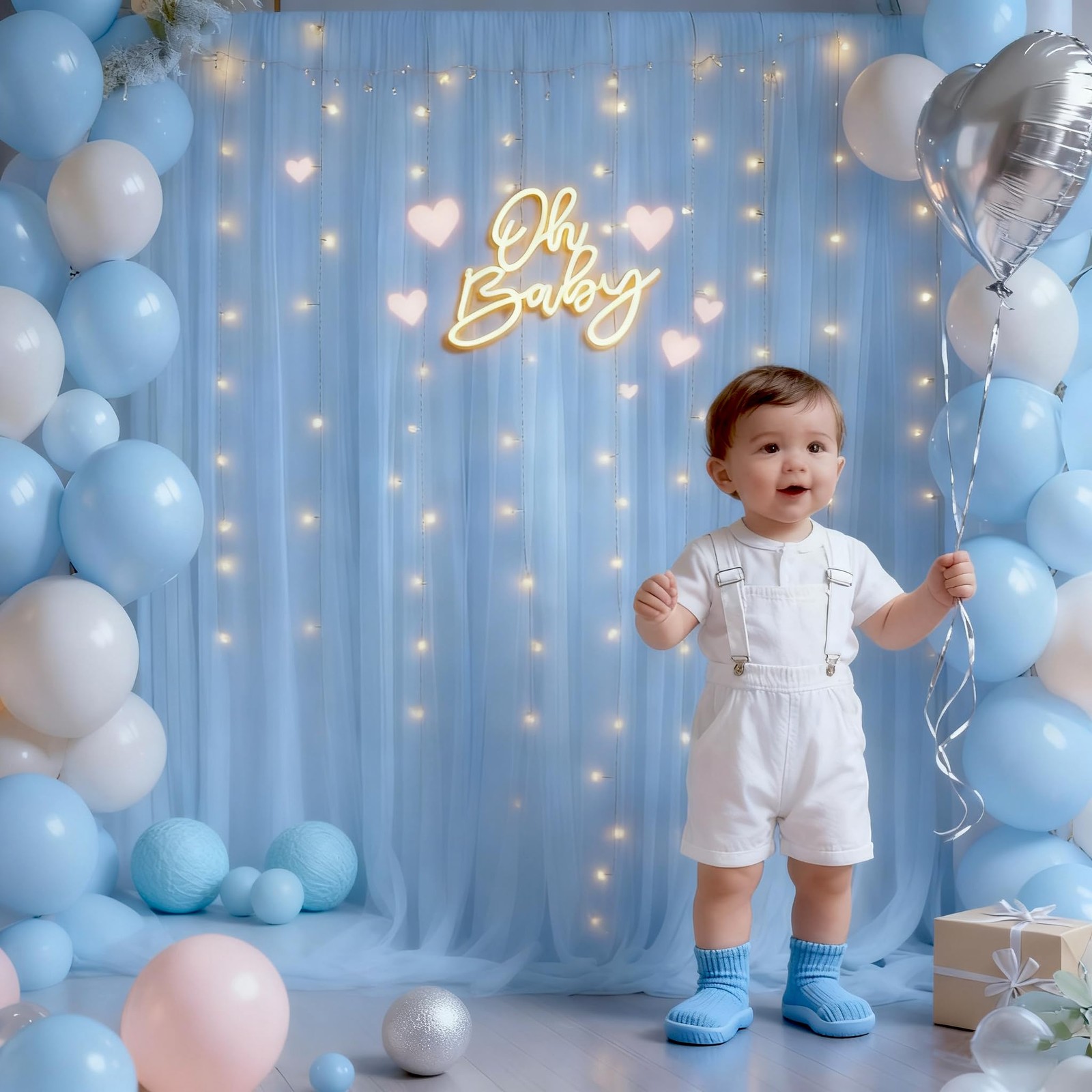 Tulle Backdrop Curtain Light String Wedding Ceremony Reception Baby Blue 10x10ft