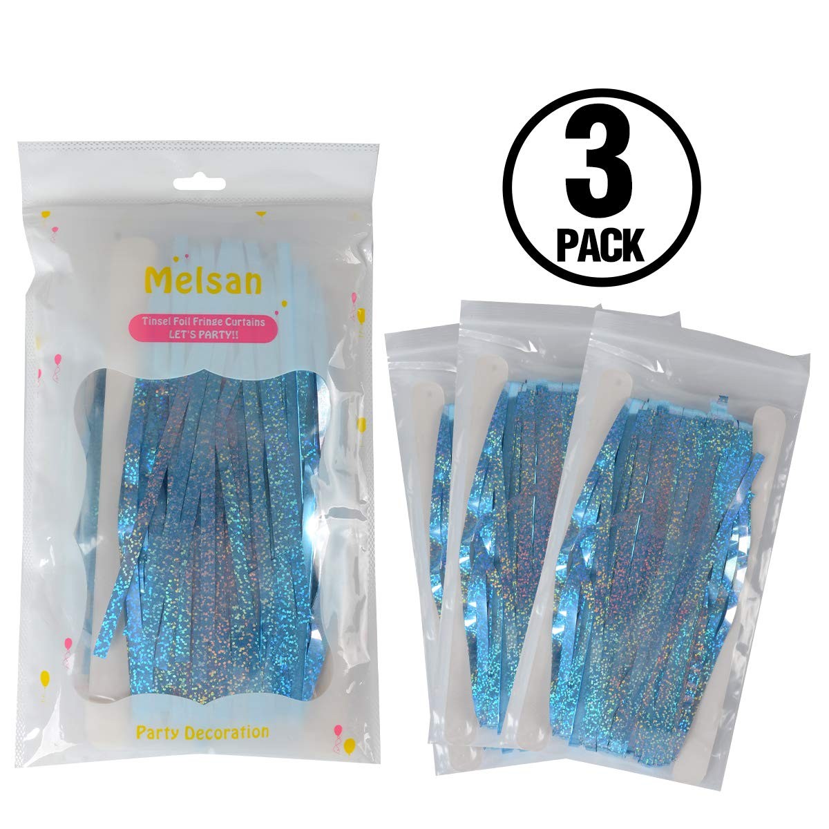 3 Pack 3.2 x 8.2 Ft Foil Fringe Curtain Light Blue Easter Decorations Backdrop