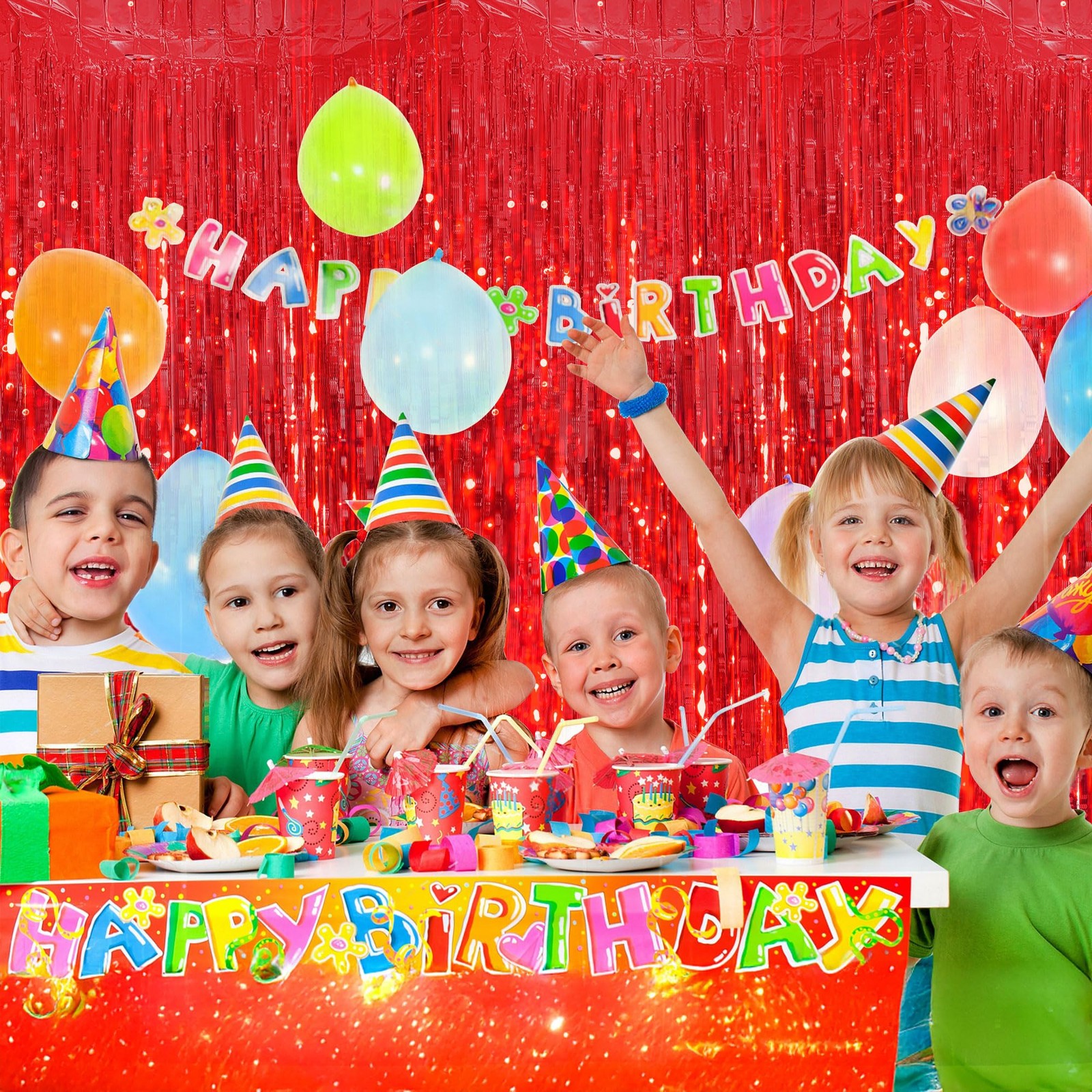 5 PCS Red Tinsel Backdrop 3.28×6.56 FT Glitter Foil Fringe Curtain Party