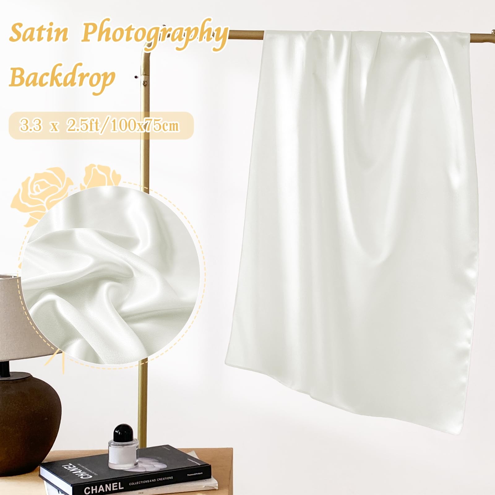 RUDONG M Satin Photography Backdrop, White, 3.3×2.5ft White