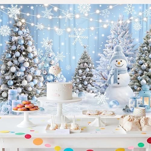 Blue Snowflake Backdrop for Winter Wonderland – 6x4ft Snowy Forest Trees
