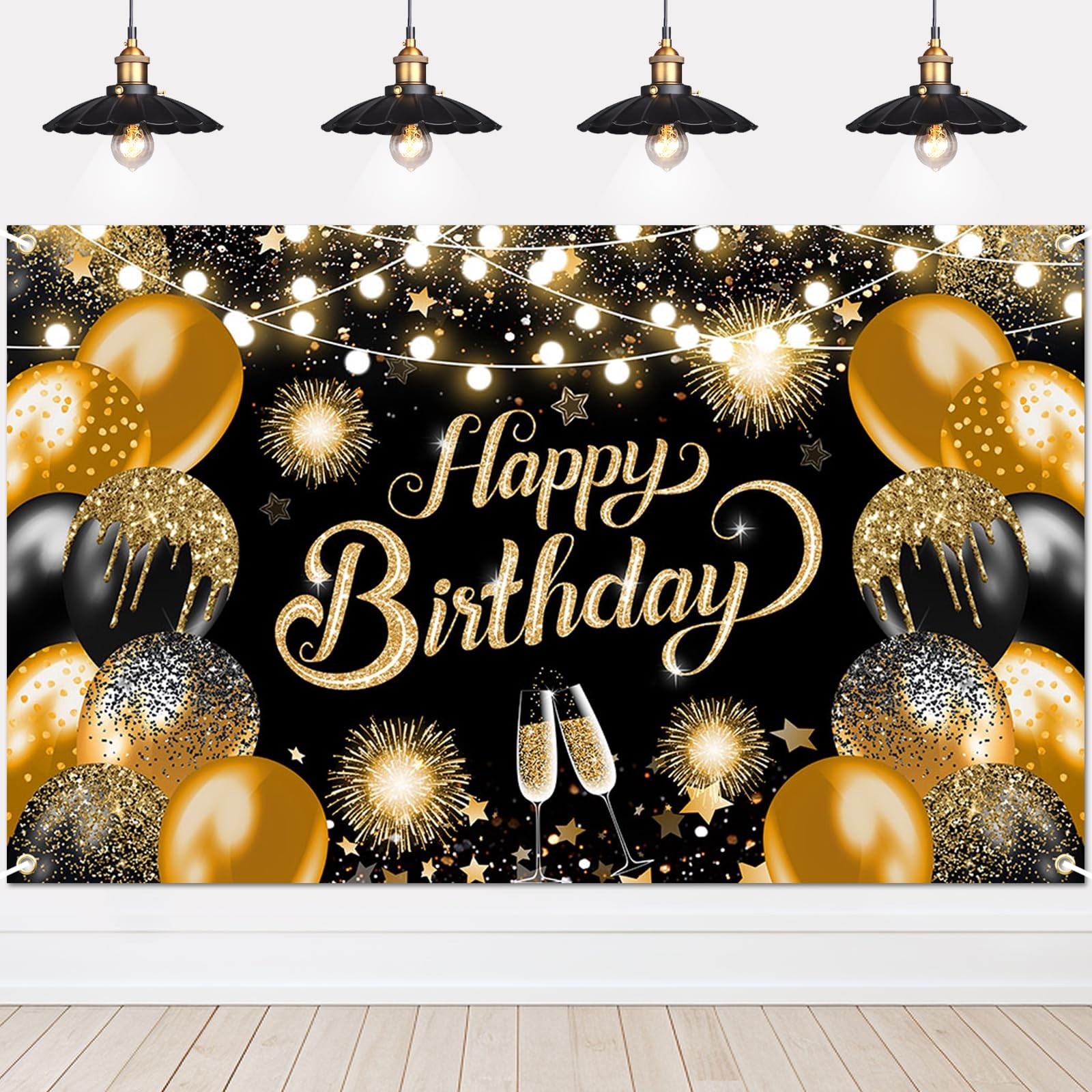 Happy Birthday Banner Glitter Black Gold Happy Birthday Backdrop Photo Backgr…