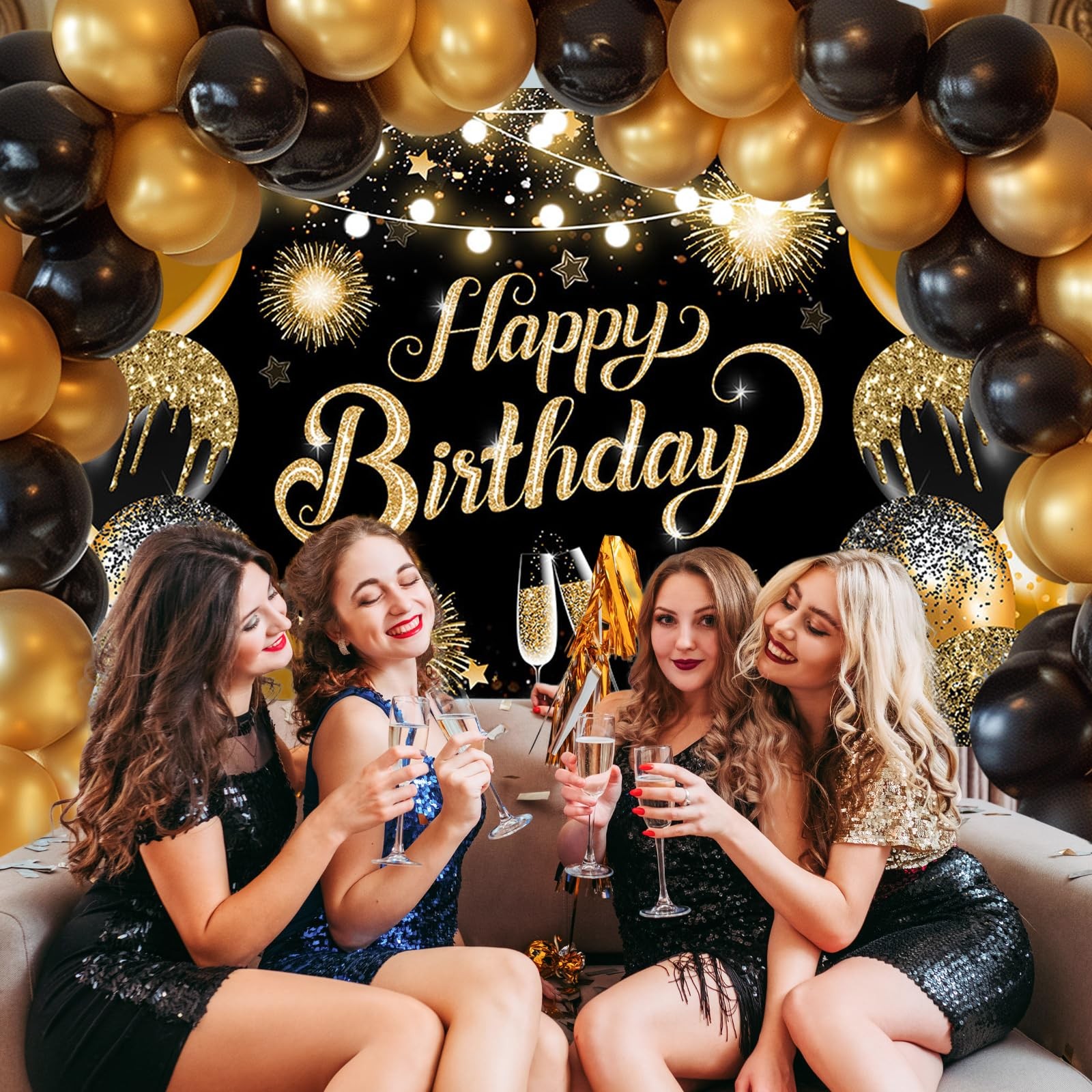 Happy Birthday Banner Glitter Black Gold Happy Birthday Backdrop Photo Backgr…