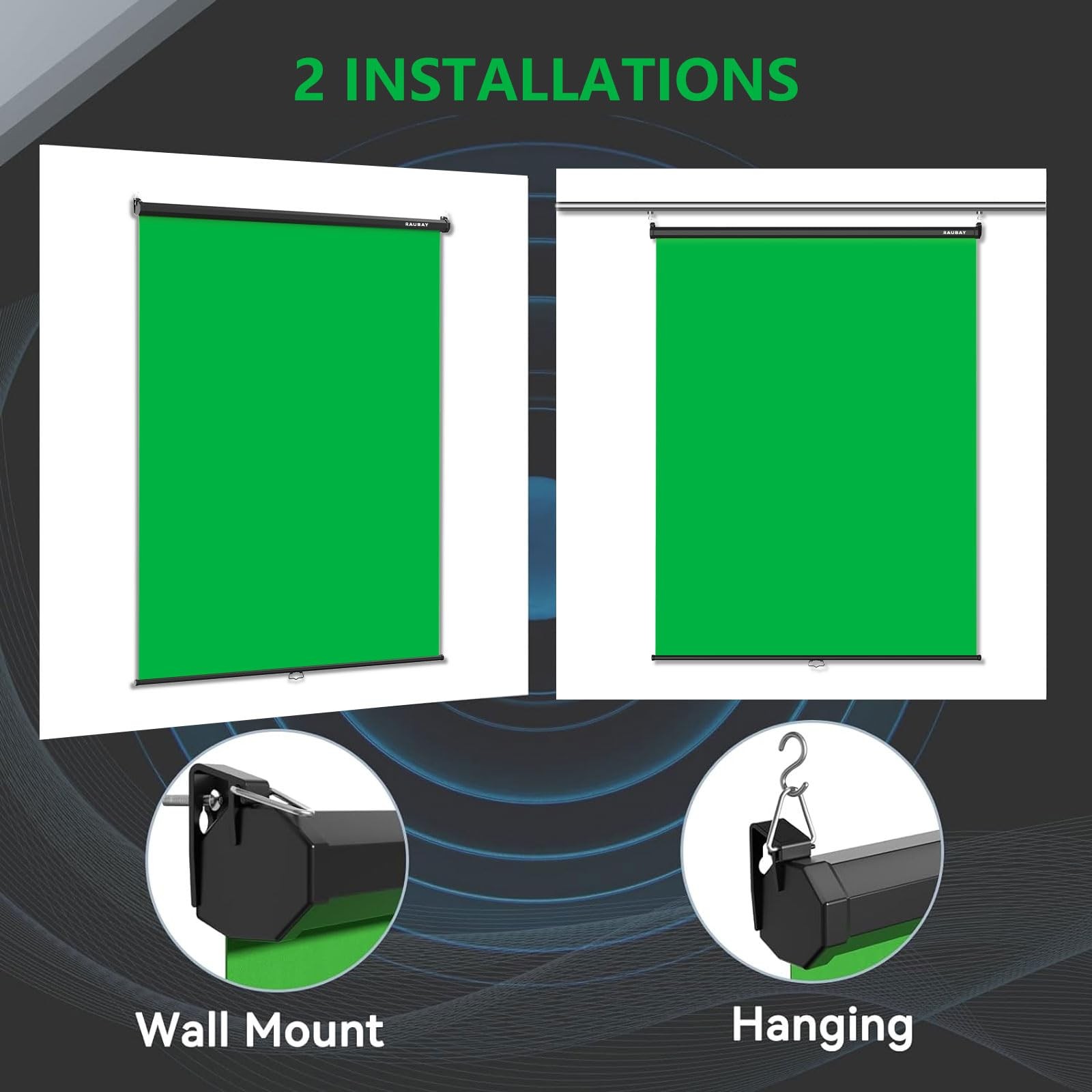 RAUBAY Retractable Pull Down Green Screen – Standard(59.8 x 86.6in),
