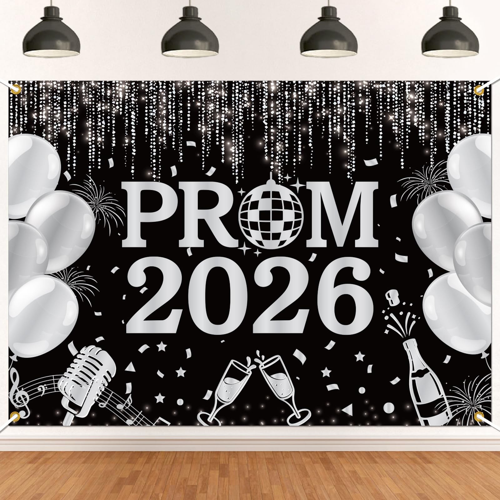 7x5ft Prom 2026 Backdrop Graduation Class 2026 Photography Black/Silver