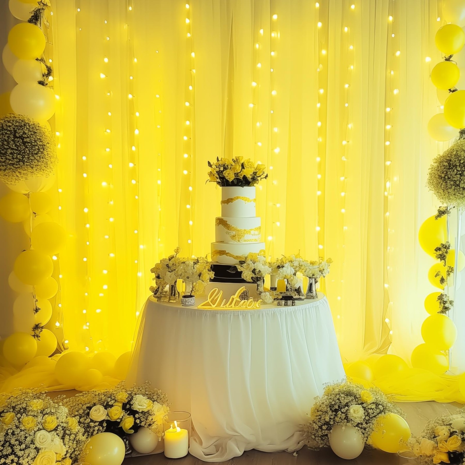 10×10ft Yellow Tulle Backdrop Curtain with Lights String for Parties Sheer Cu…