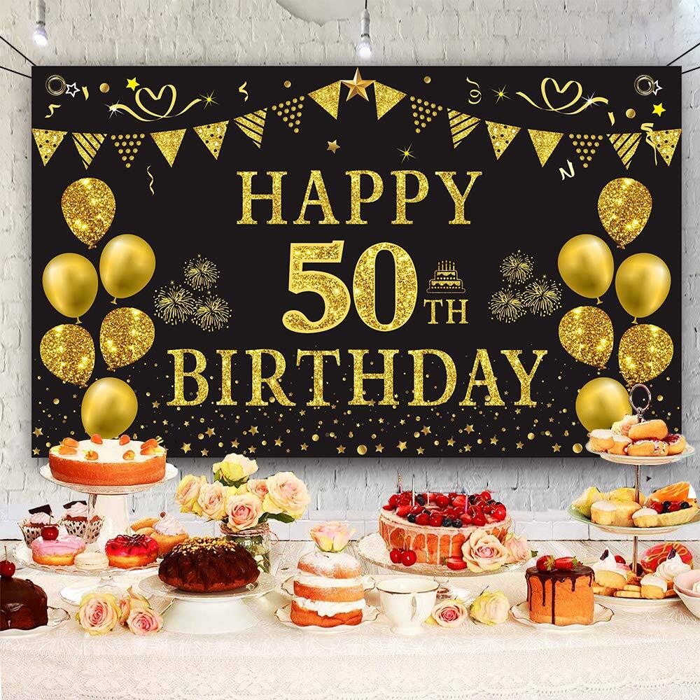 50th Birthday Backdrop Gold and Black 5.9 X 3.6 Fts Happy Birthday Party Deco…