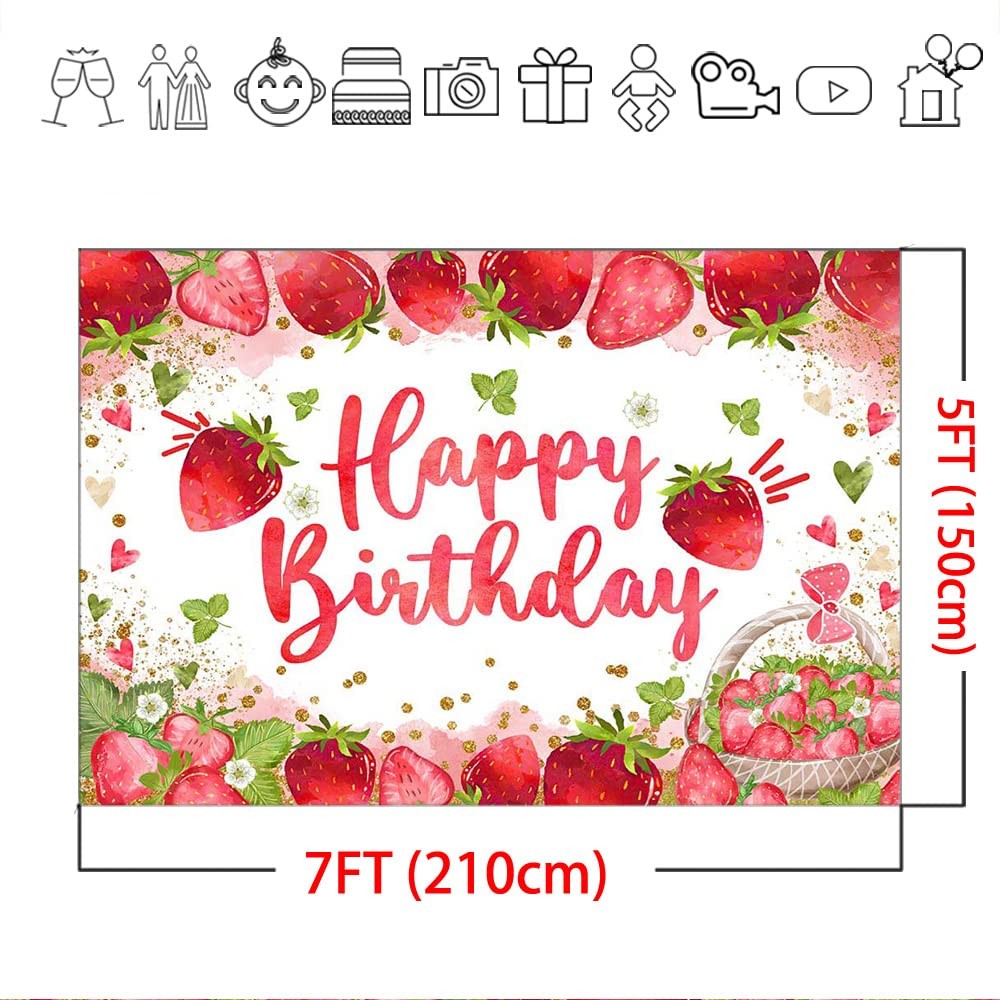 Strawberry Birthday Backdrop 7×5 ft Happy Birthday Girl Party Photo Banner