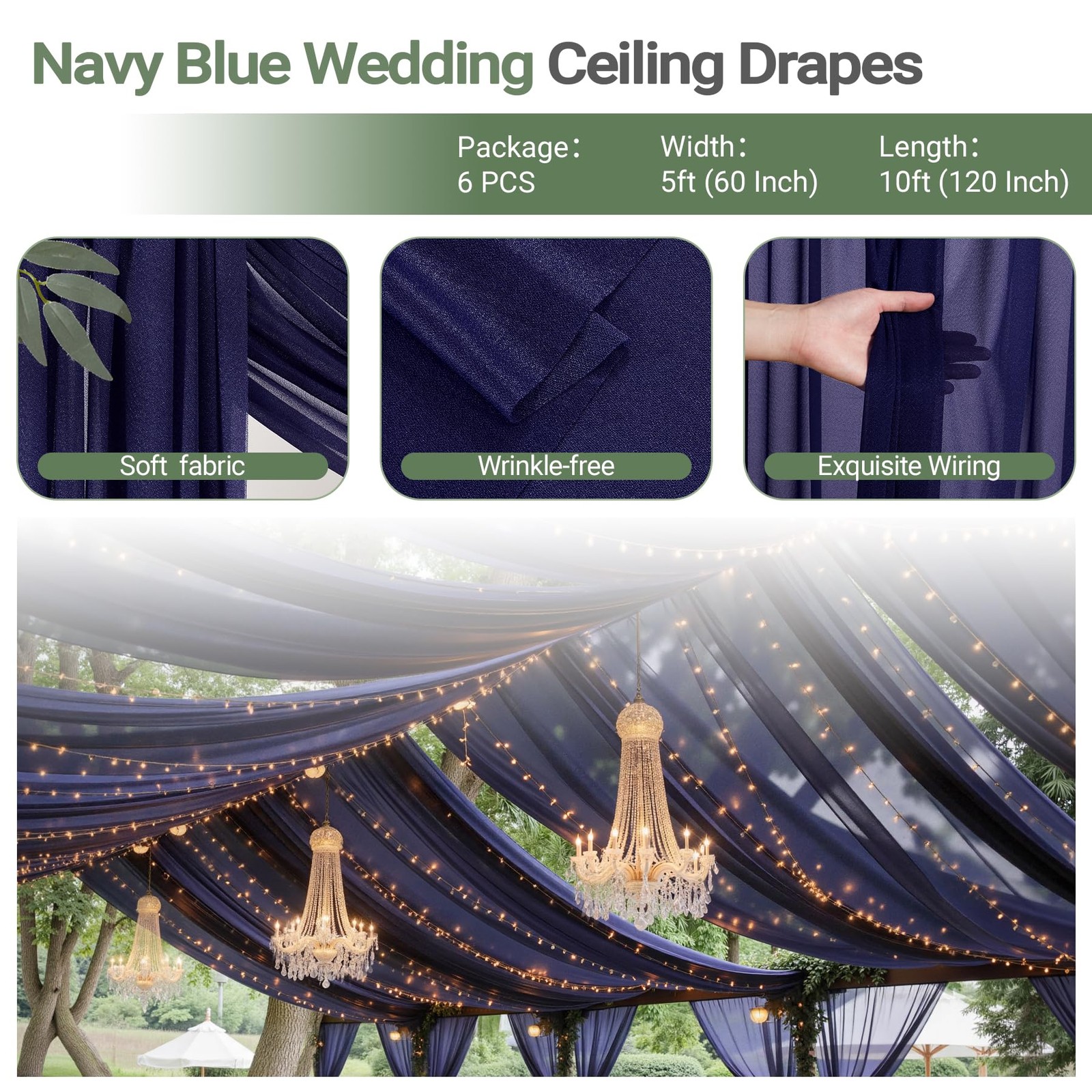 6 Panels Navy Blue Ceiling Drapes with Lights for Weddings Ceiling Drapes 5ft…