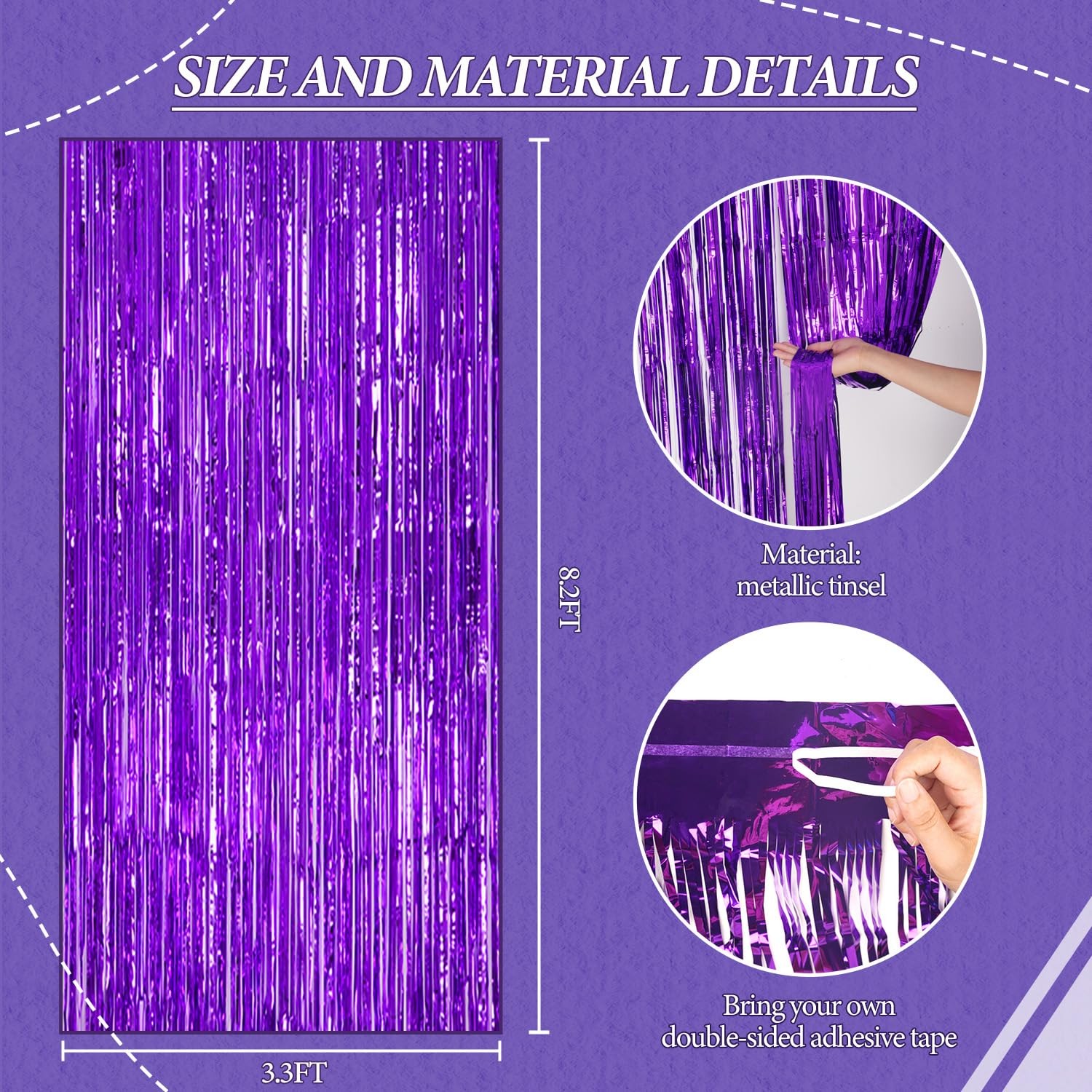 DECOCKRAT 3 Pack Foil Fringe Backdrop – 39.6″W x 98.4″L (Pack of 3), Purple