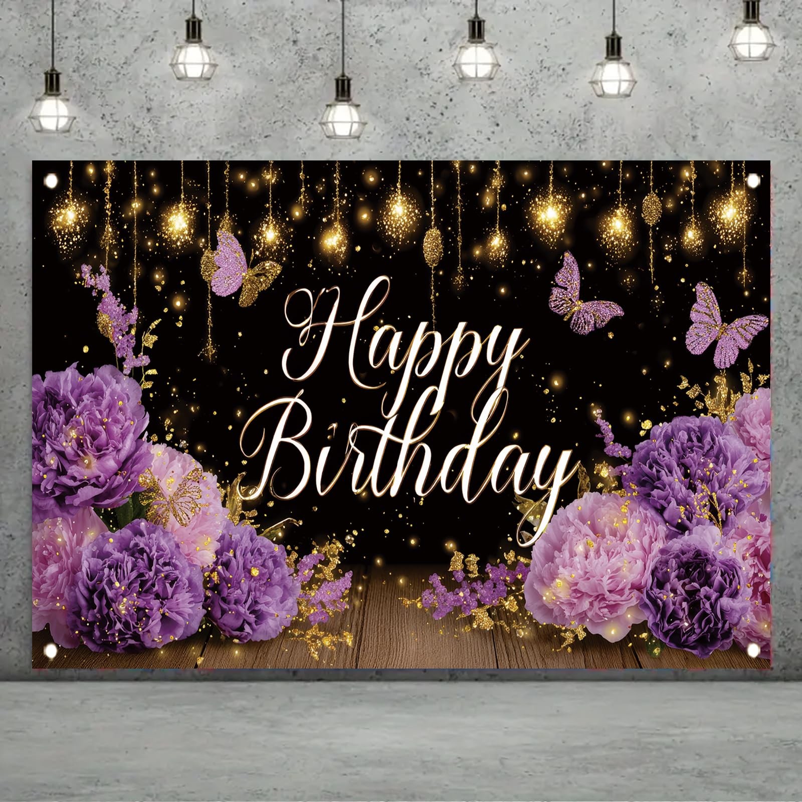 Purple Happy Birthday Backdrop 71 x 43 Inch Floral Butterfly Gold Glitter Photog
